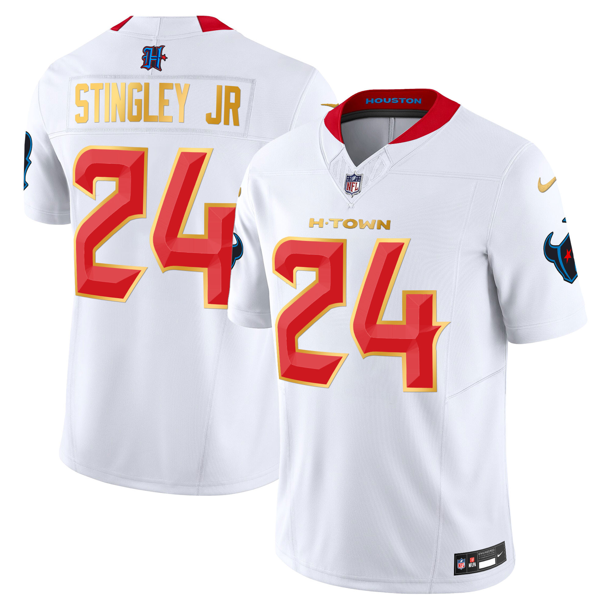 Derek Stingley Jr. Men's Houston Texans 2024 Gold Trim Vapor Limited White Jersey - All Stitched