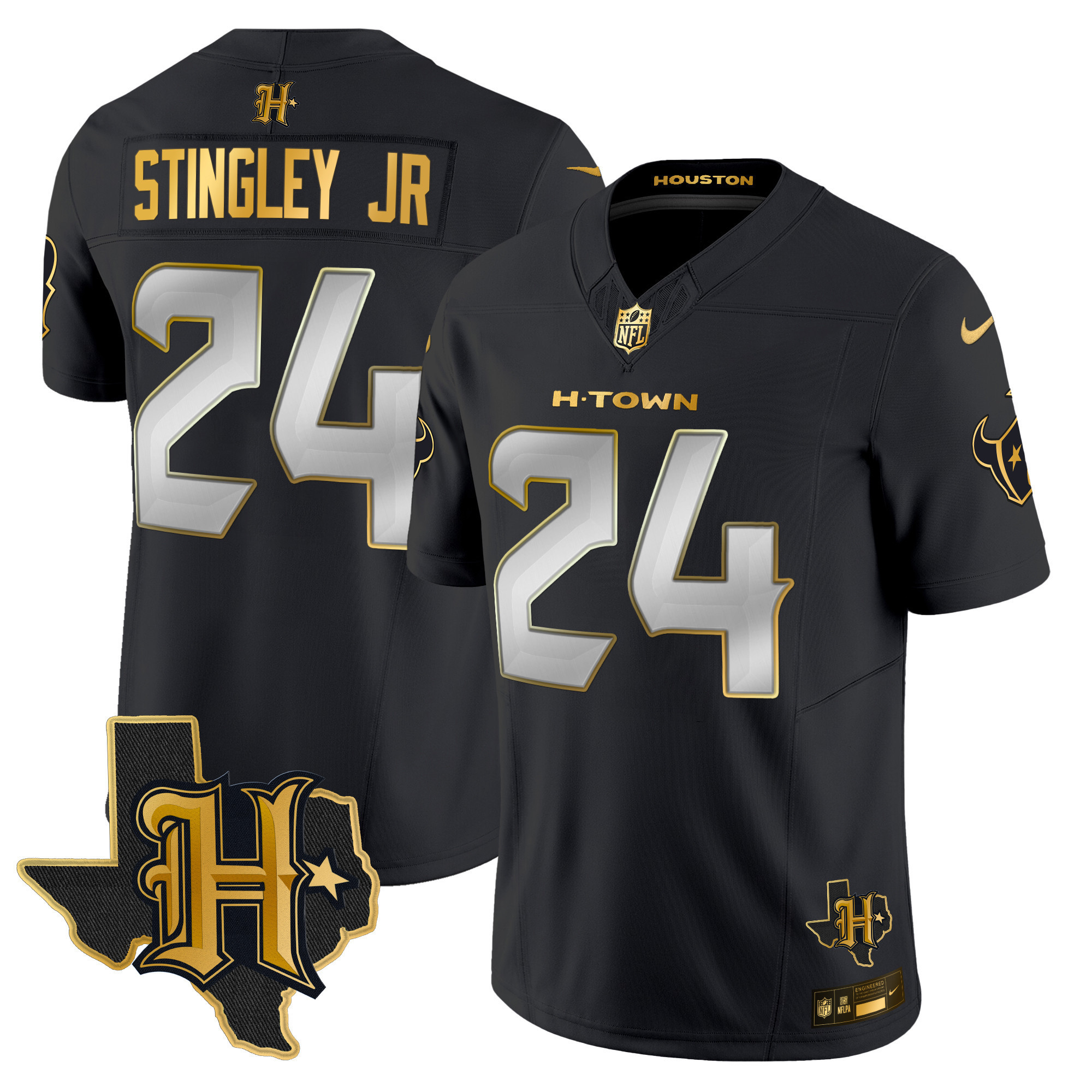 Derek Stingley Jr. Men's Houston Texans 2024 Texas Patch Gold Vapor Limited Black Limited Jersey - All Stitched