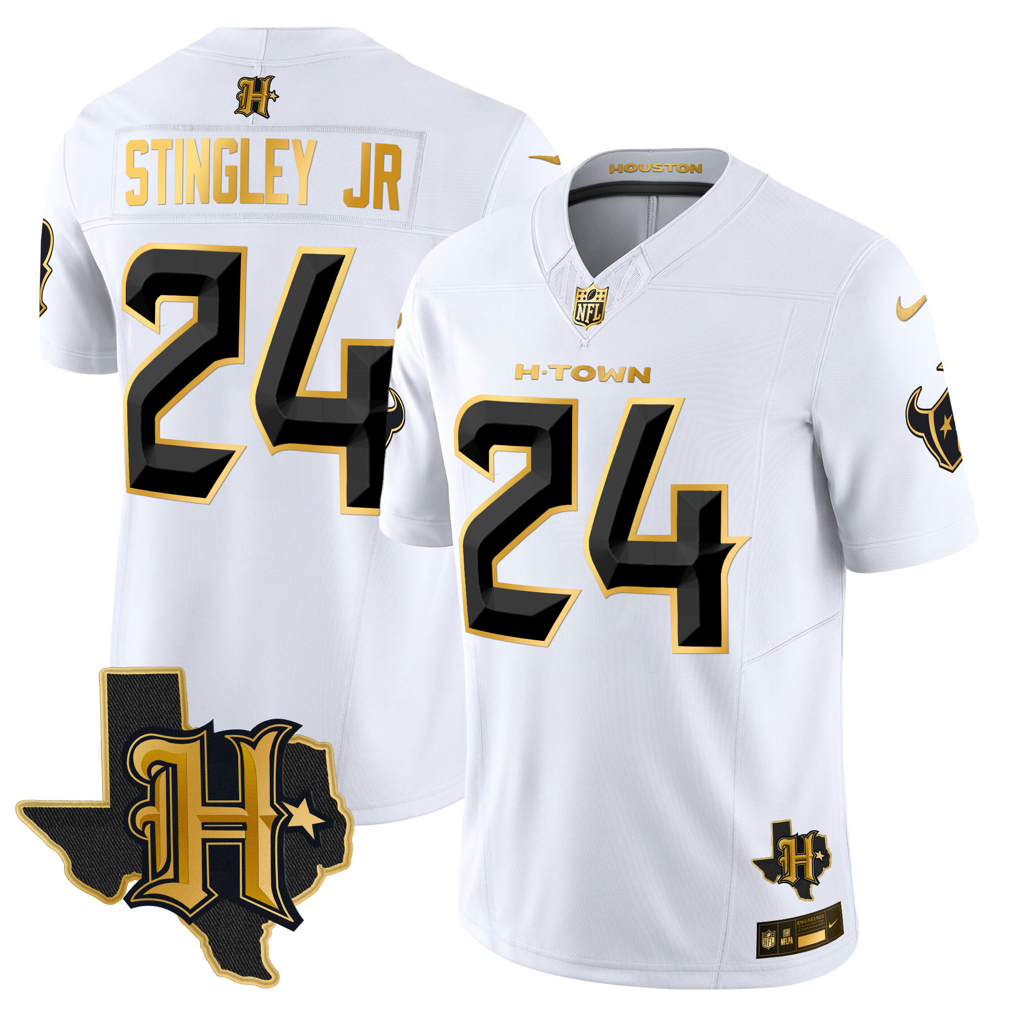 Derek Stingley Jr. Men's Houston Texans 2024 Texas Patch Gold Vapor Limited White Gold Jersey - All Stitched