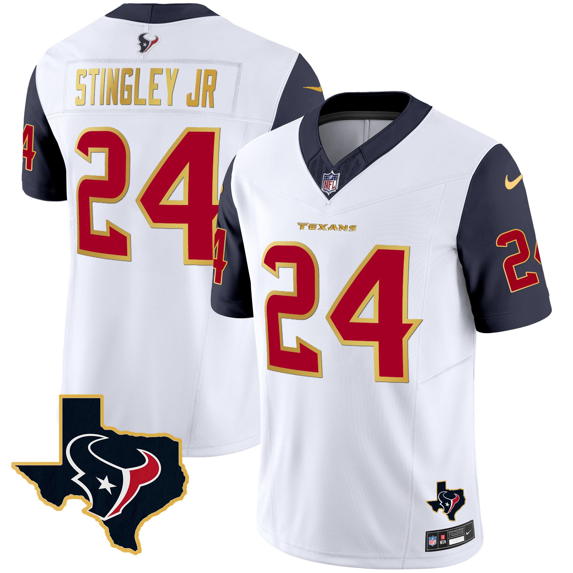 Derek Stingley Jr. Men's Houston Texans Gold Trim Vapor Navy Sleeves Jersey - All Stitched