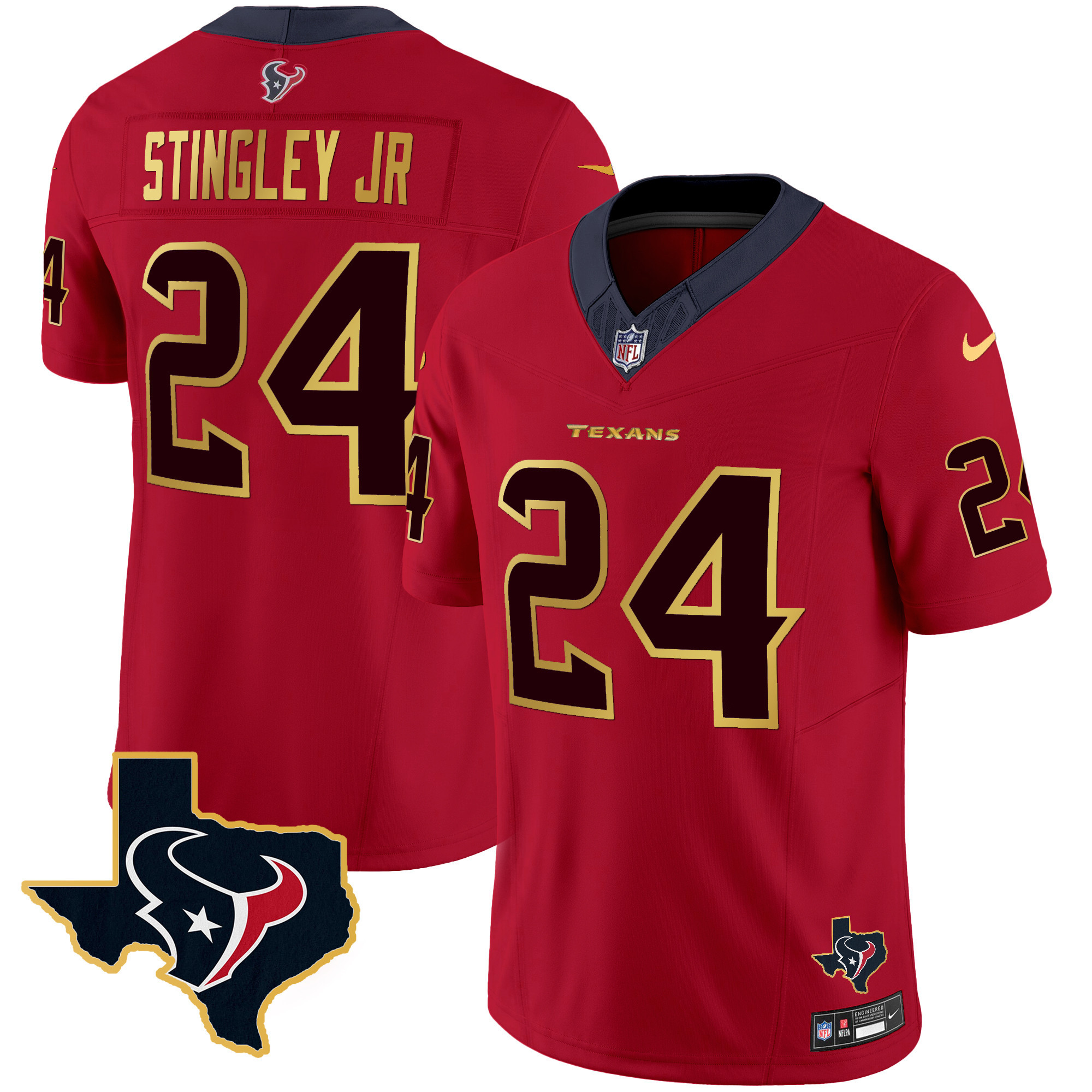 Derek Stingley Jr. Men's Houston Texans Gold Trim Vapor Red Jersey - All Stitched