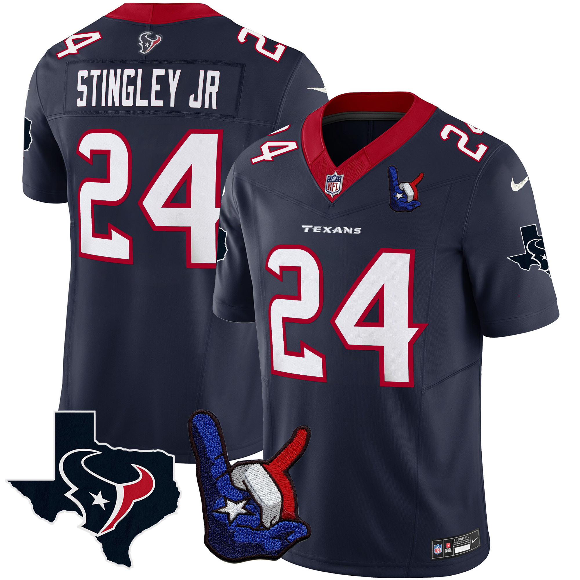 Derek Stingley Jr. Men's Houston Texans Hand Sign Throwing Up The H Vapor Navy Jersey - All Stitched