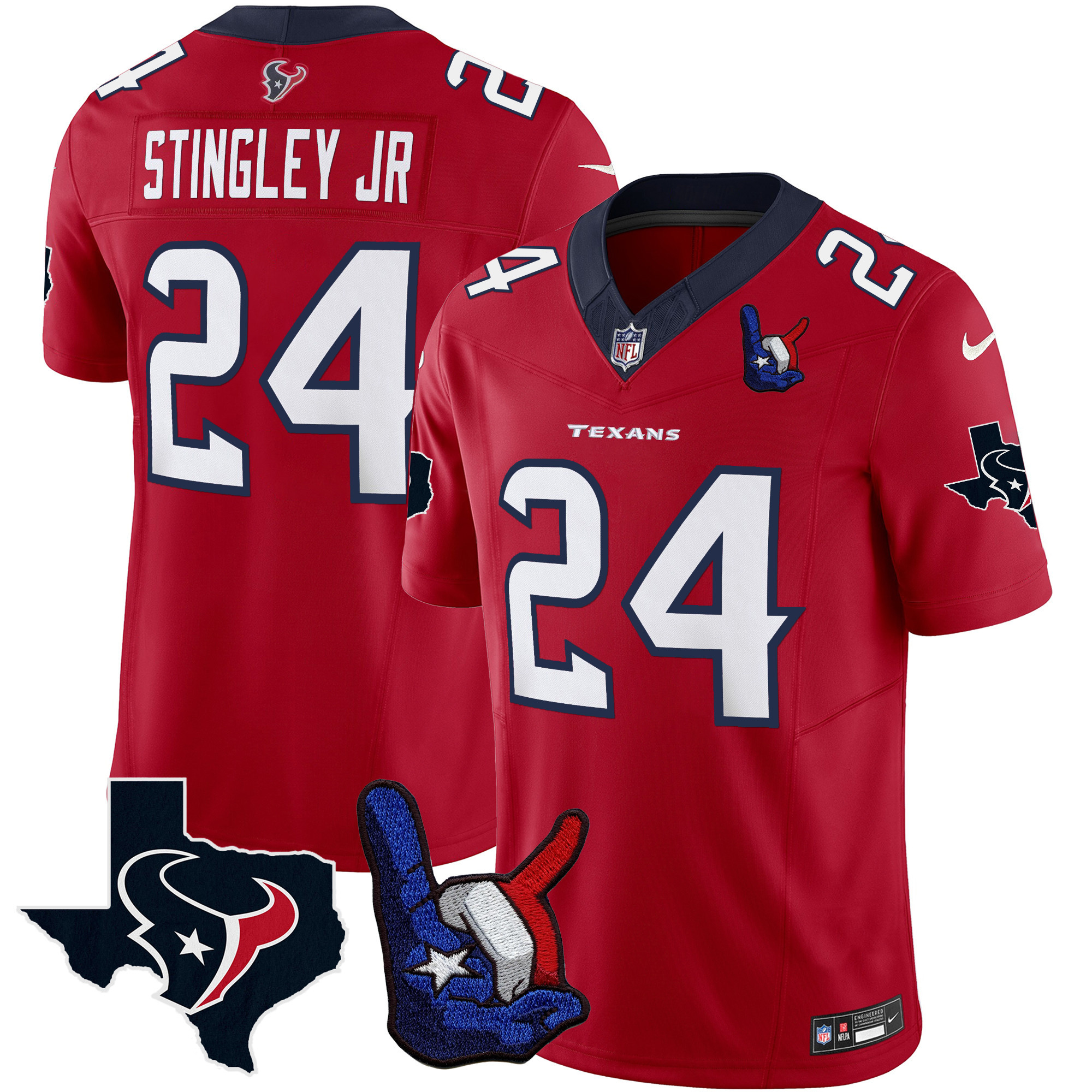 Derek Stingley Jr. Men's Houston Texans Hand Sign Throwing Up The H Vapor Red Jersey - All Stitched