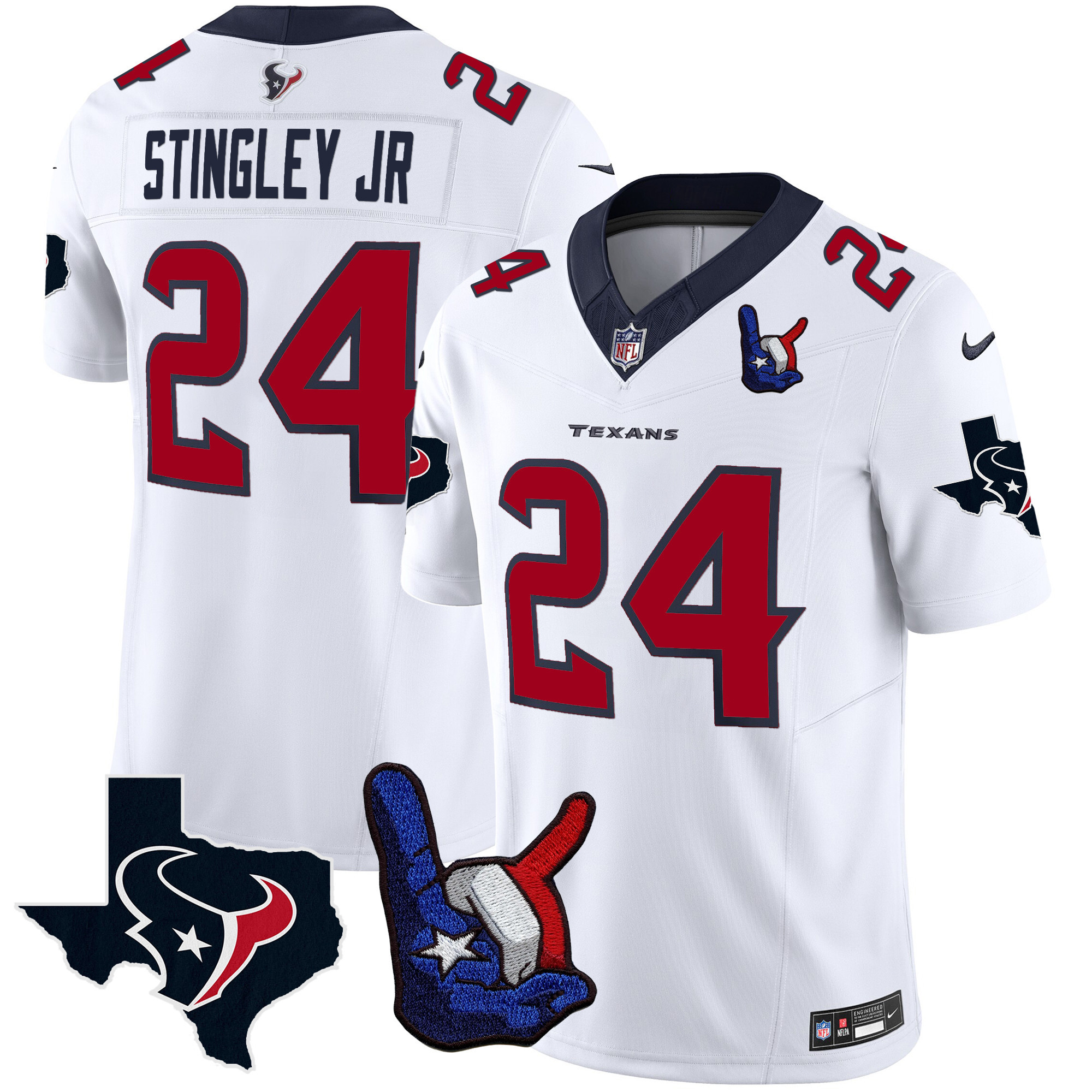 Derek Stingley Jr. Men's Houston Texans Hand Sign Throwing Up The H Vapor White Jersey - All Stitched