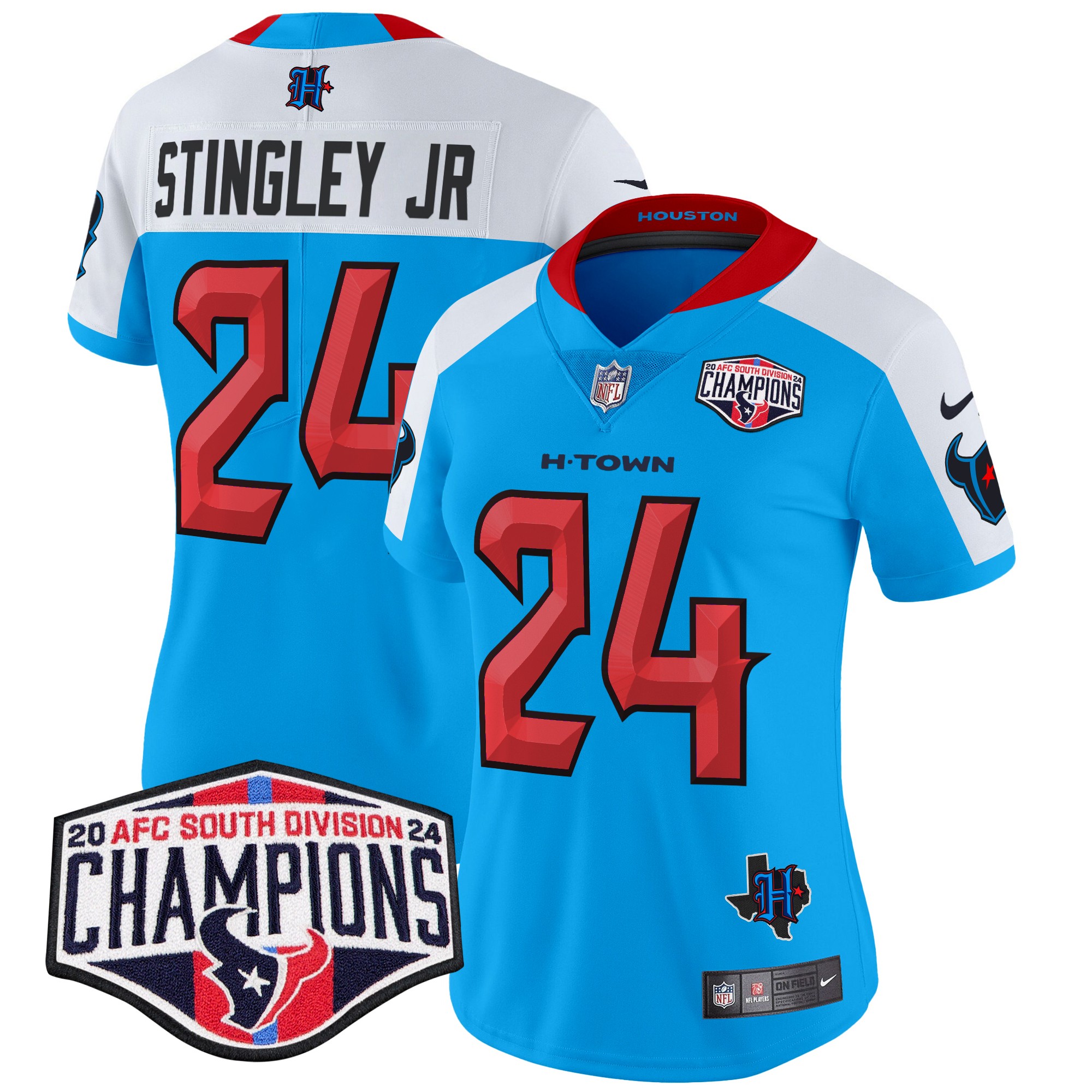 Derek Stingley Jr. Women's Houston Texans 2024 AFC South Division Champions Patch Vapor Limited Blue Alternate Jersey - All Stitched