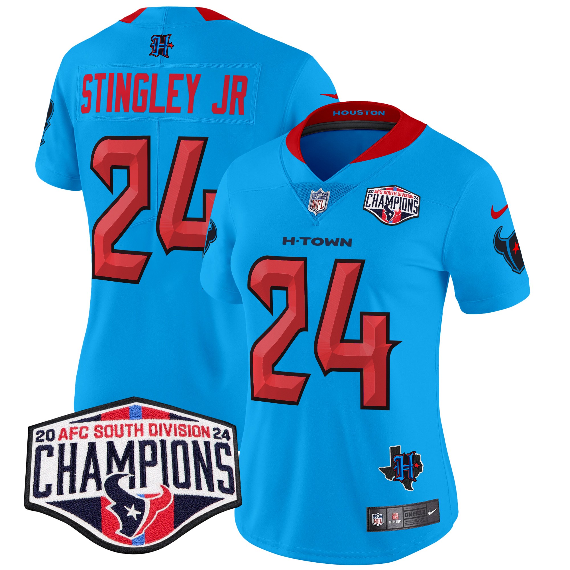 Derek Stingley Jr. Women's Houston Texans 2024 AFC South Division Champions Patch Vapor Limited Blue Jersey - All Stitched
