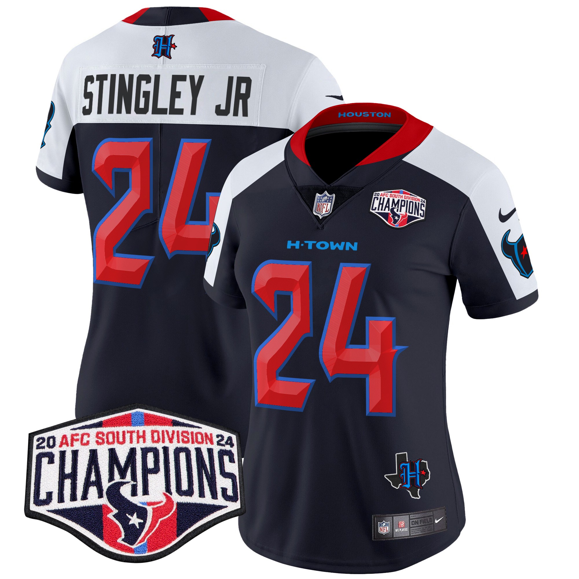 Derek Stingley Jr. Women's Houston Texans 2024 AFC South Division Champions Patch Vapor Limited Navy Alternate Jersey - All Stitched