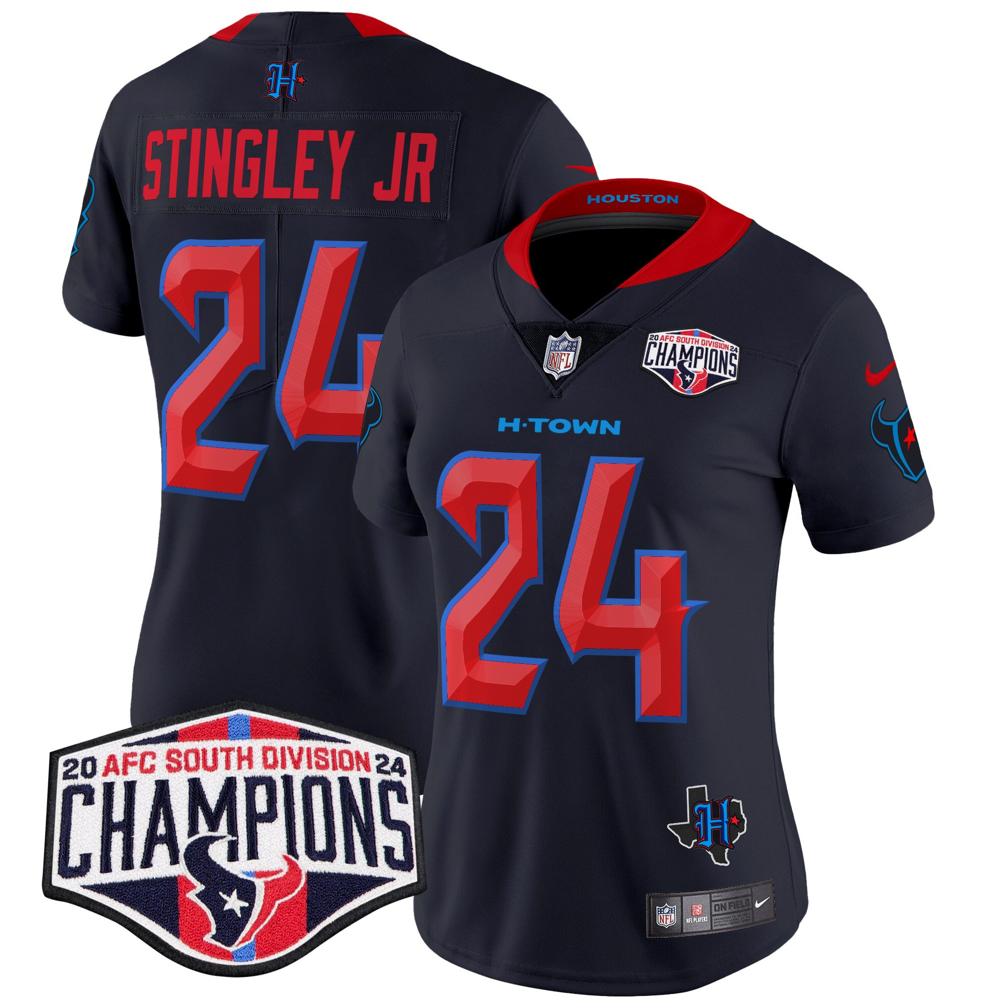 Derek Stingley Jr. Women's Houston Texans 2024 AFC South Division Champions Patch Vapor Limited Navy Limited Jersey - All Stitched
