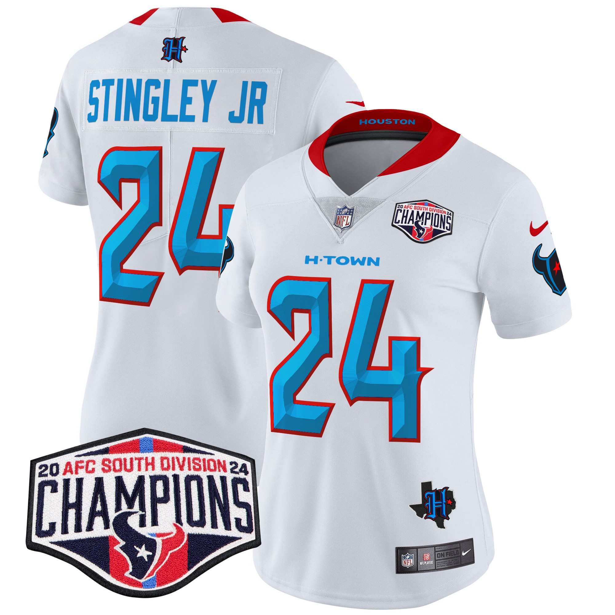 Derek Stingley Jr. Women's Houston Texans 2024 AFC South Division Champions Patch Vapor Limited White Jersey - All Stitched