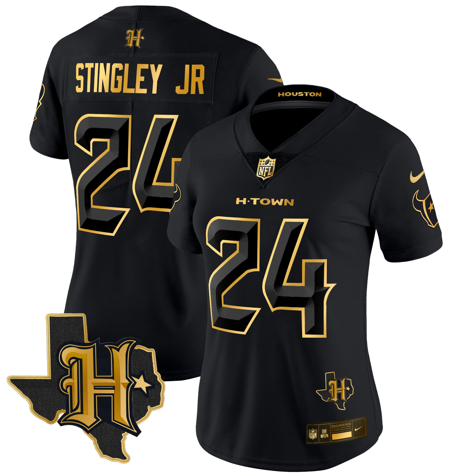 Derek Stingley Jr. Women's Houston Texans 2024 Texas Patch Gold Vapor Limited Black Gold Jersey - All Stitched