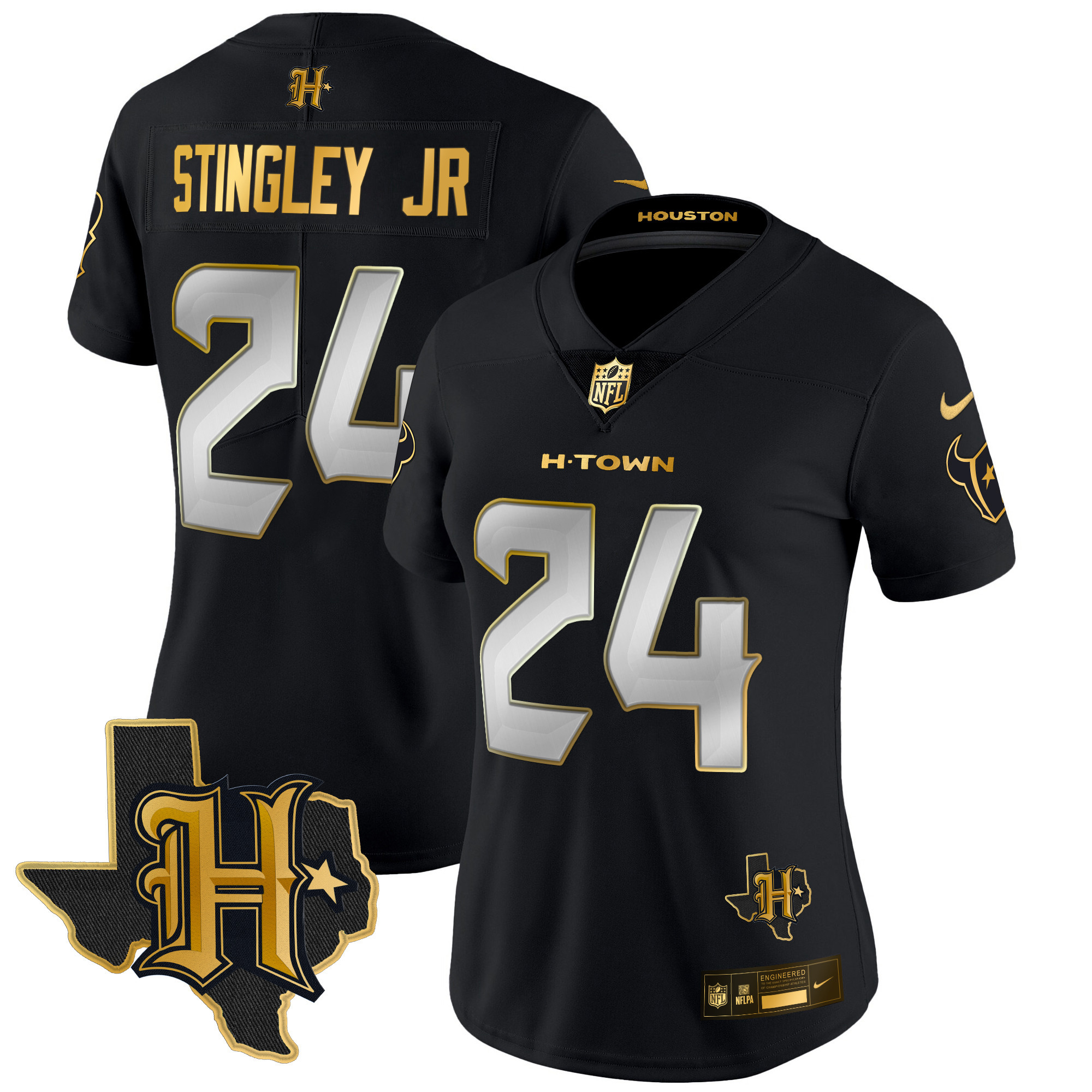 Derek Stingley Jr. Women's Houston Texans 2024 Texas Patch Gold Vapor Limited Black Limited Jersey - All Stitched