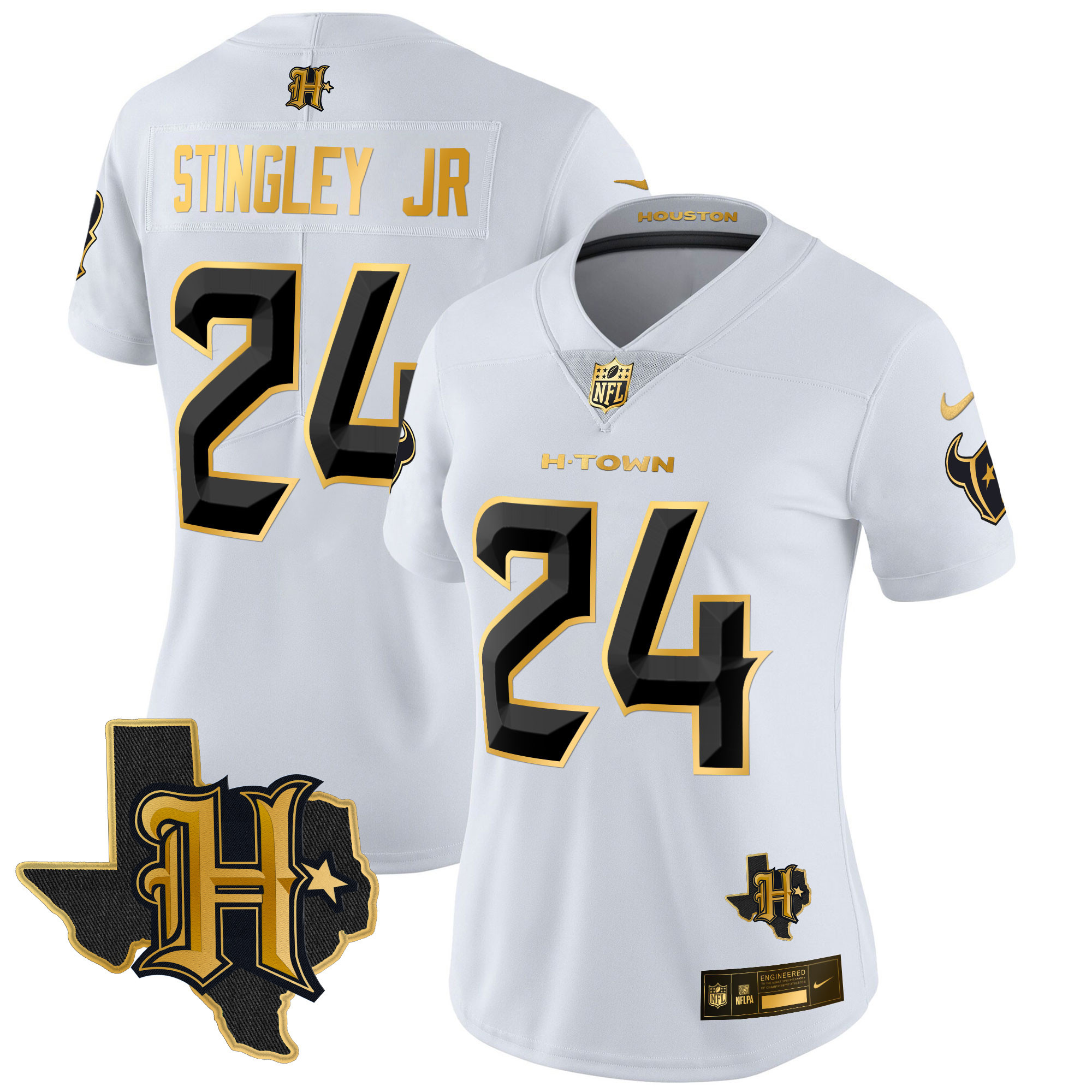 Derek Stingley Jr. Women's Houston Texans 2024 Texas Patch Gold Vapor Limited White Gold Jersey - All Stitched