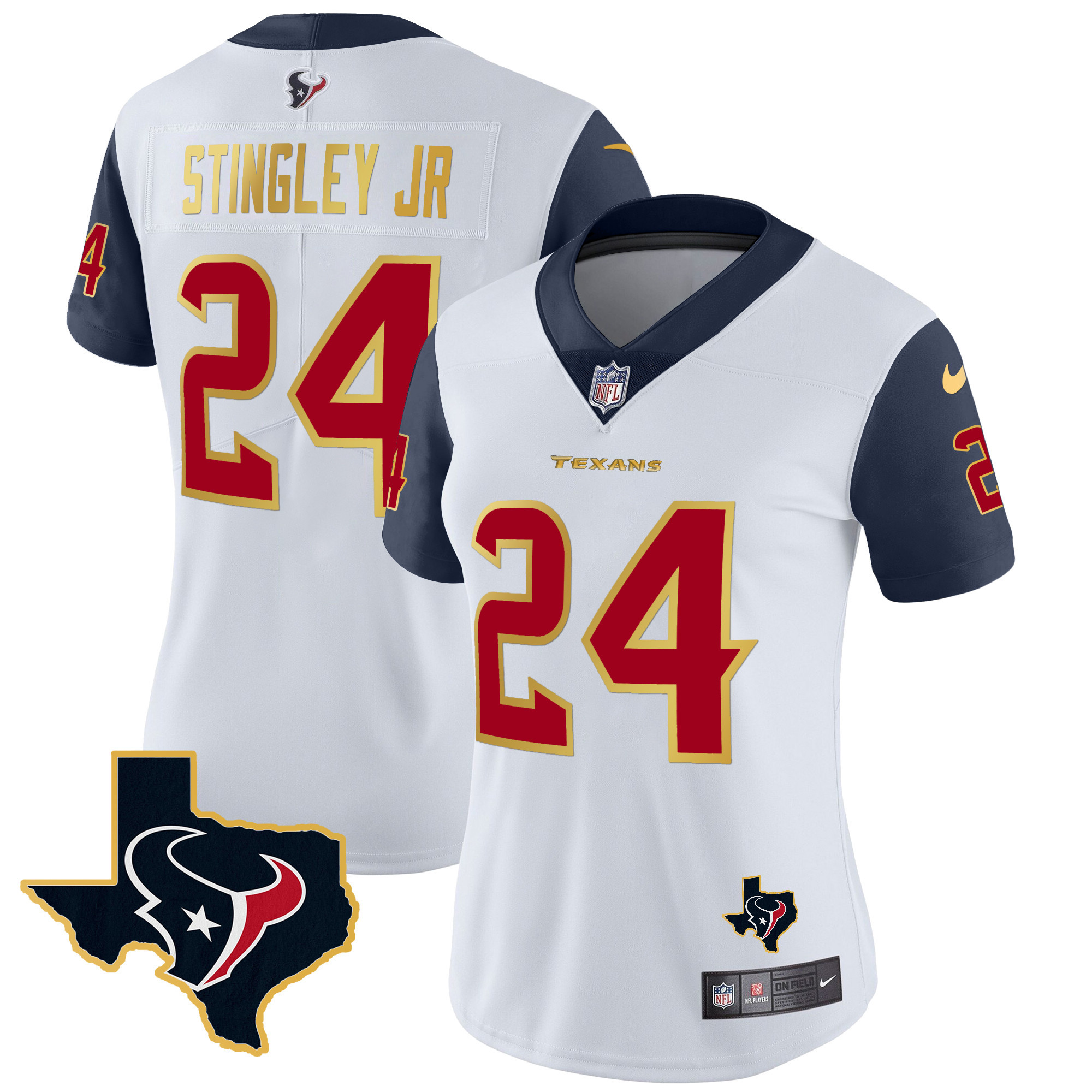 Derek Stingley Jr. Women's Houston Texans Gold Trim Vapor Navy Sleeves Jersey - All Stitched