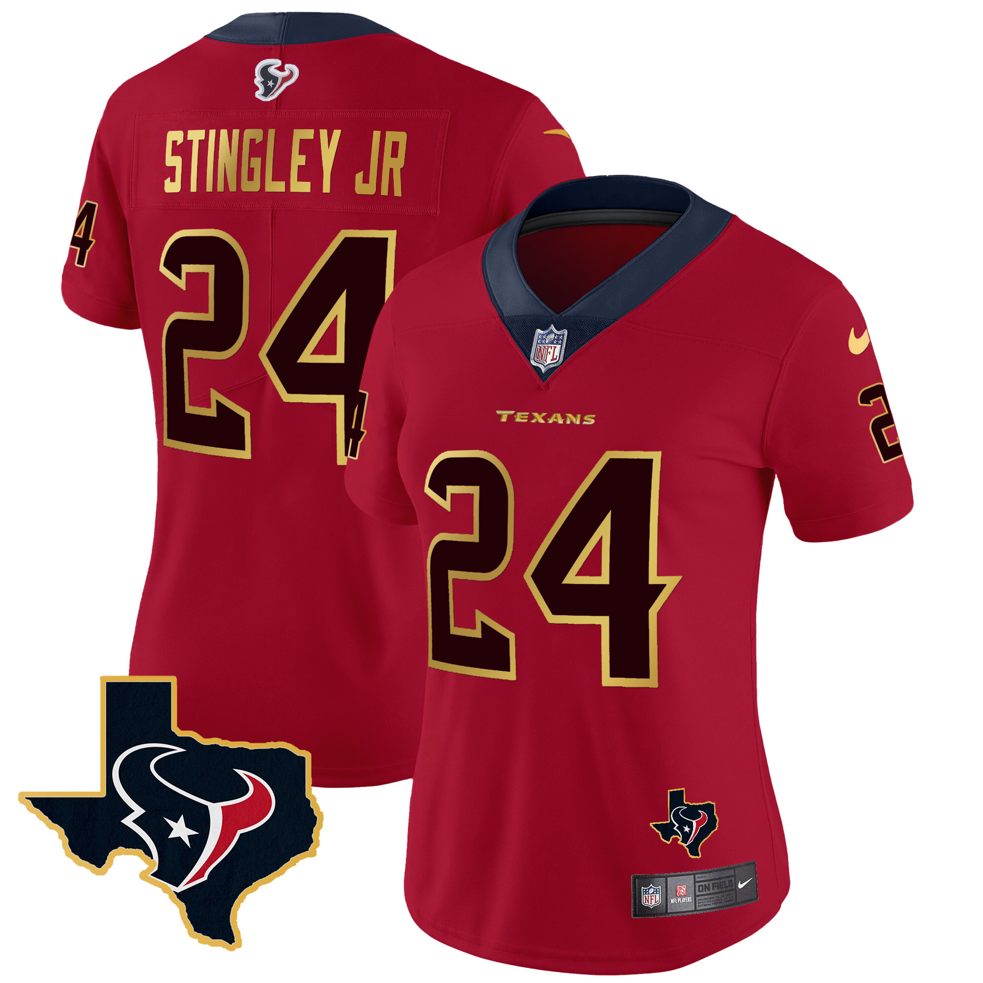 Derek Stingley Jr. Women's Houston Texans Gold Trim Vapor Red Jersey - All Stitched