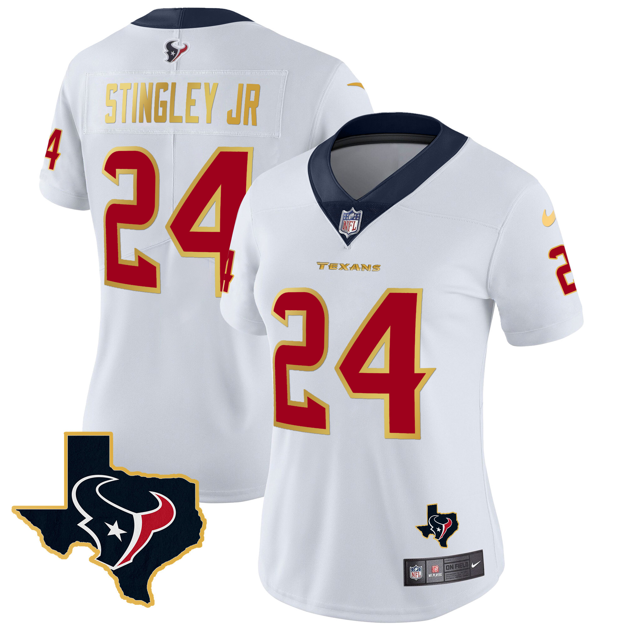Derek Stingley Jr. Women's Houston Texans Gold Trim Vapor White Jersey - All Stitched