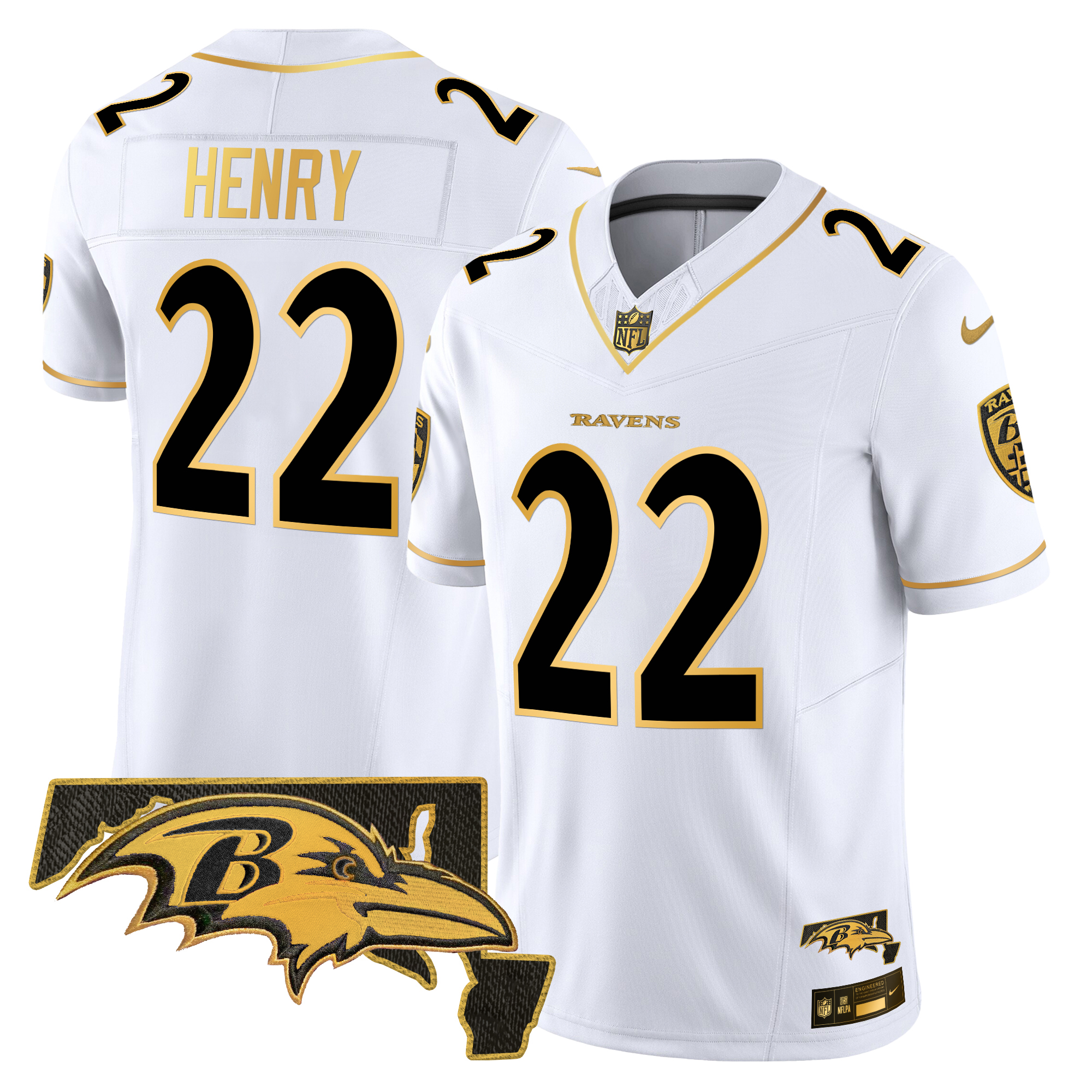 Derrick Henry Men's Baltimore Ravens 2024 Gold Vapor Limited White Gold Jersey - All Stitched