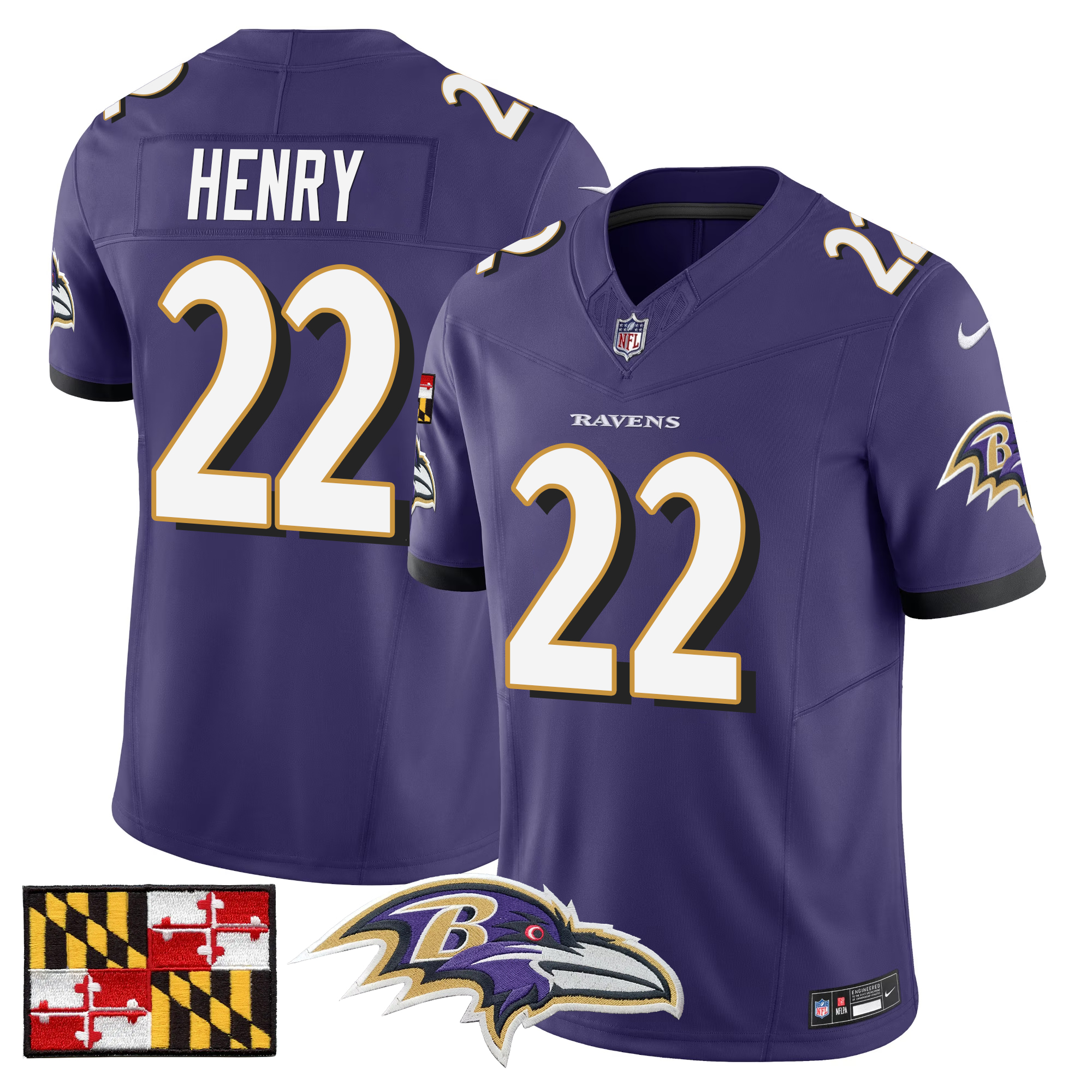 Derrick Henry Men's Baltimore Ravens 2024 Maryland Flag Vapor Limited Purple Jersey - All Stitched
