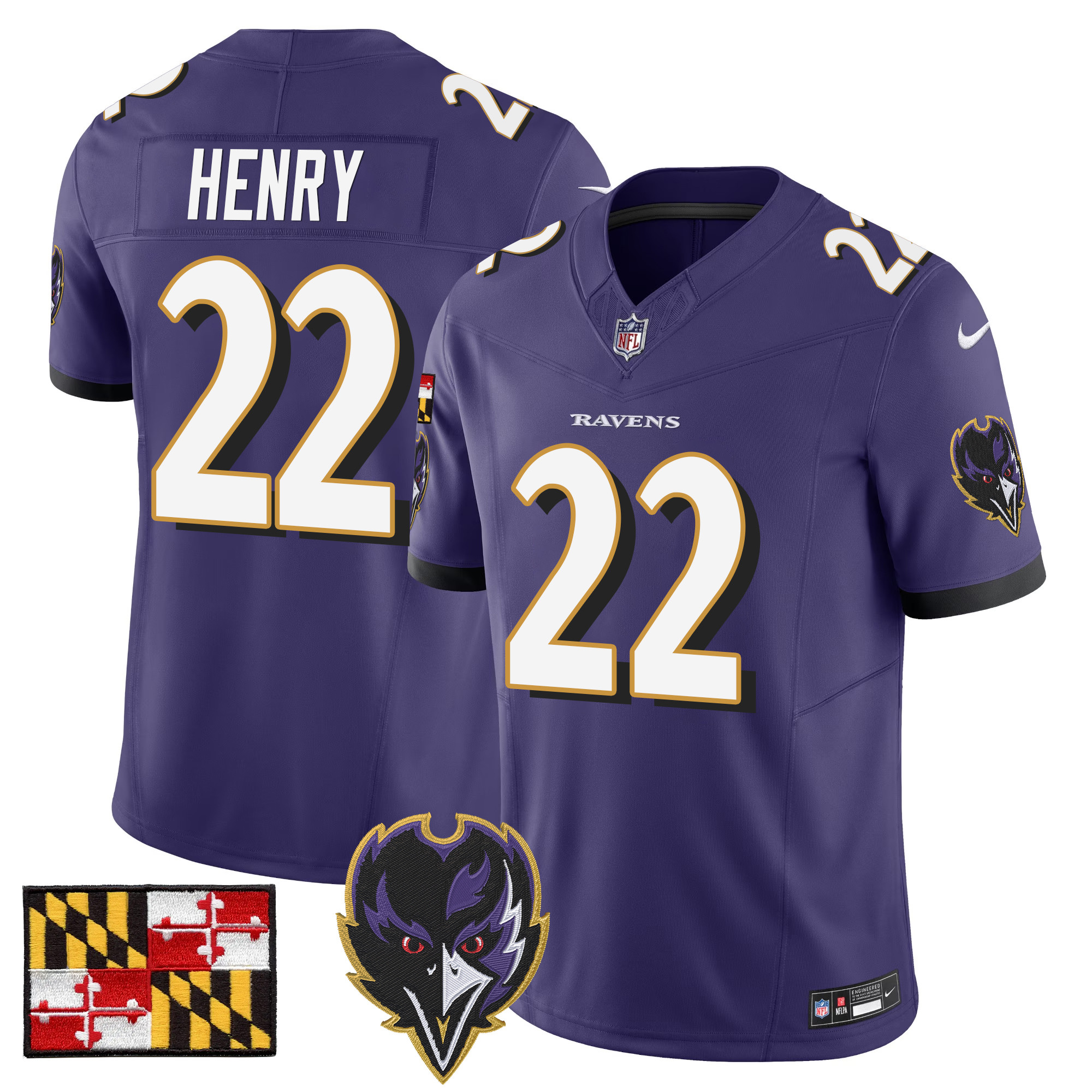 Derrick Henry Men's Baltimore Ravens 2024 Maryland Flag Vapor Limited Purple Jersey - All Stitched