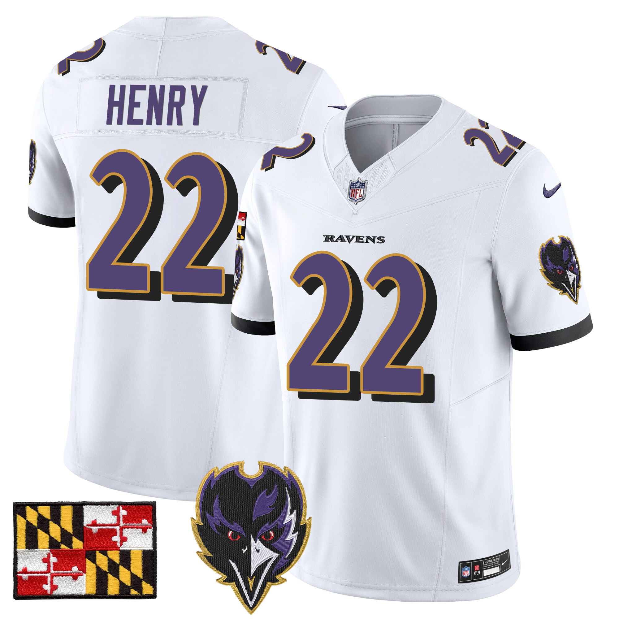 Derrick Henry Men's Baltimore Ravens 2024 Maryland Flag Vapor Limited White Jersey - All Stitched