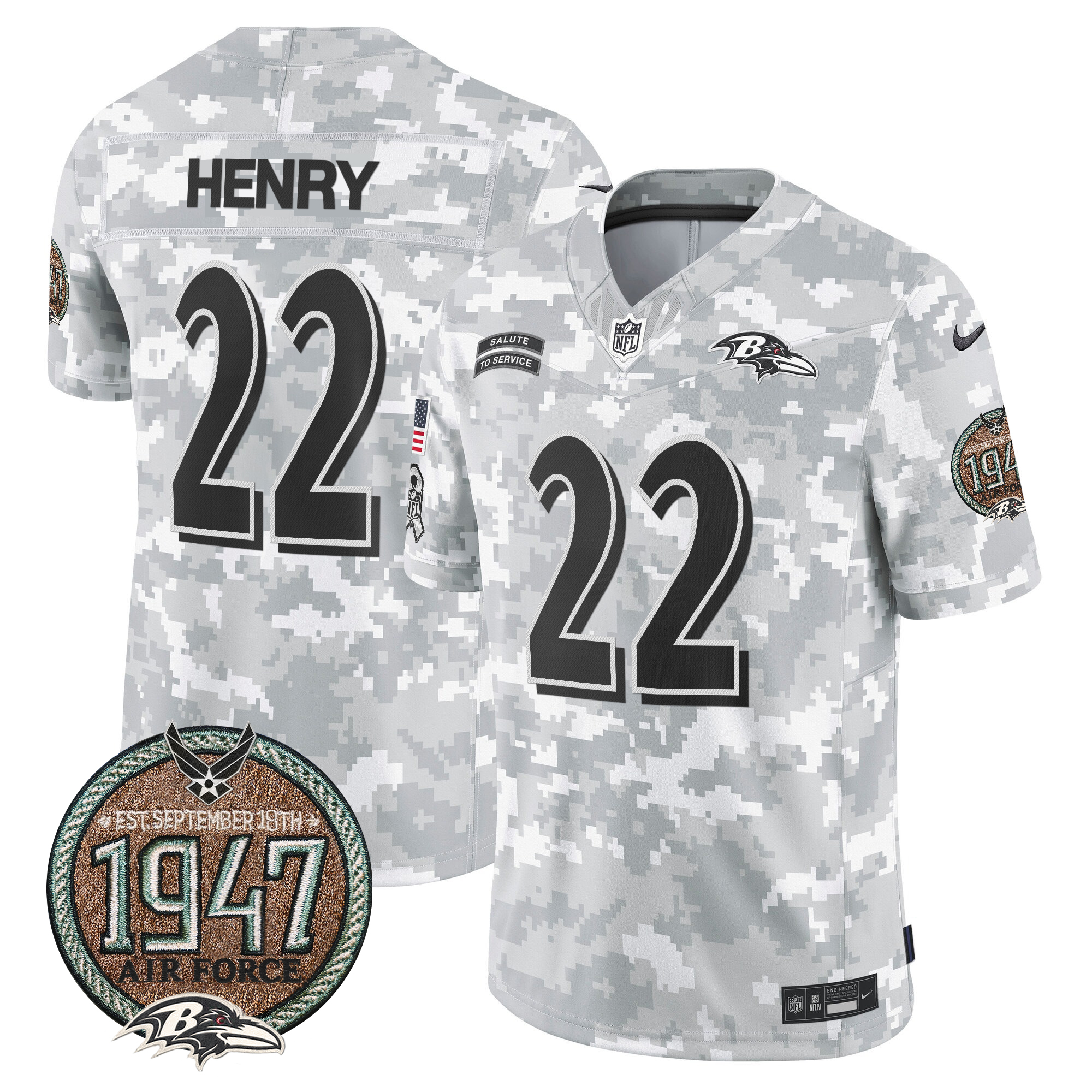 Derrick Henry Men's Baltimore Ravens 2024 Salute to Service Establishment Year Patch Vapor Limited Air Force Jersey - All Stitched
