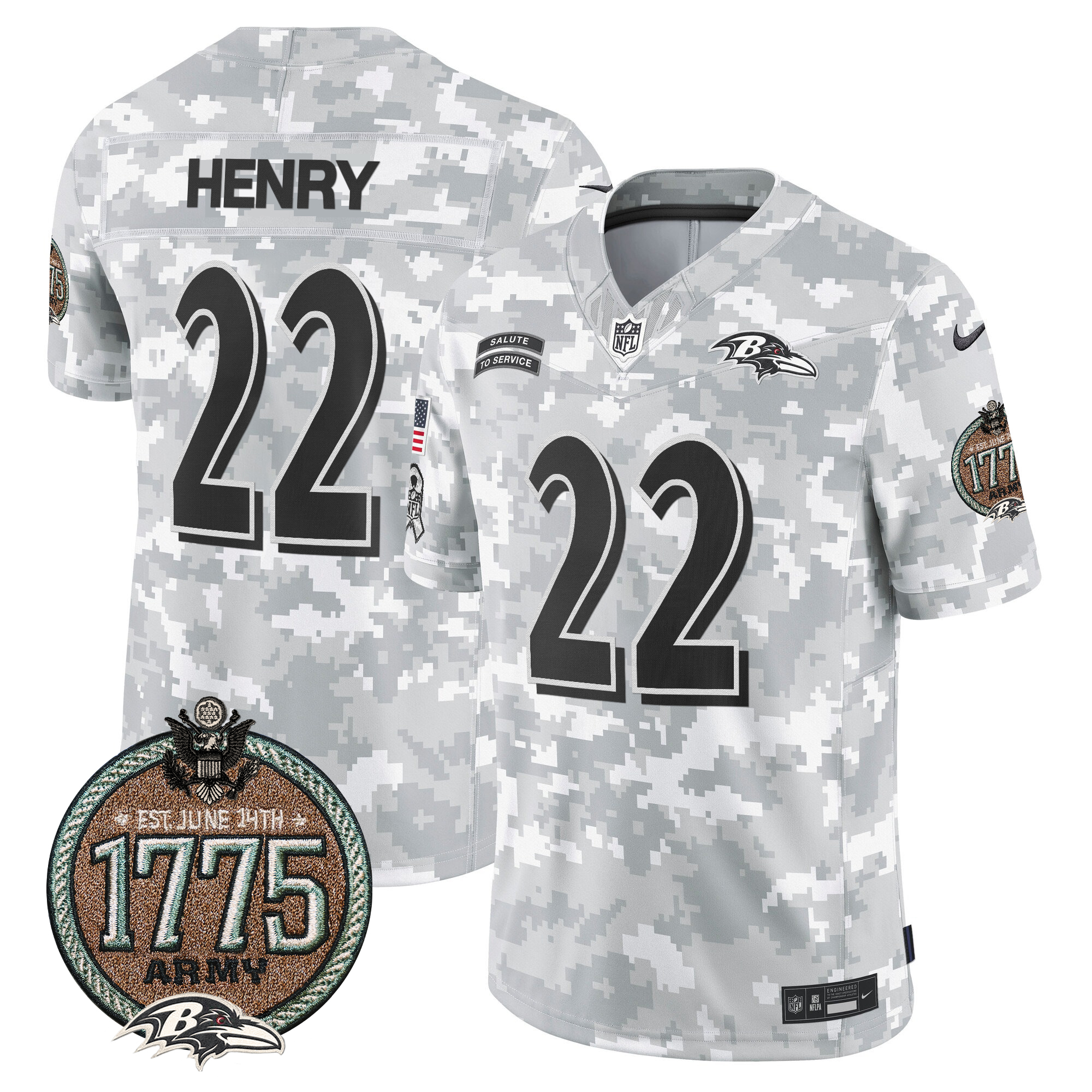 Derrick Henry Men's Baltimore Ravens 2024 Salute to Service Establishment Year Patch Vapor Limited Army Jersey - All Stitched
