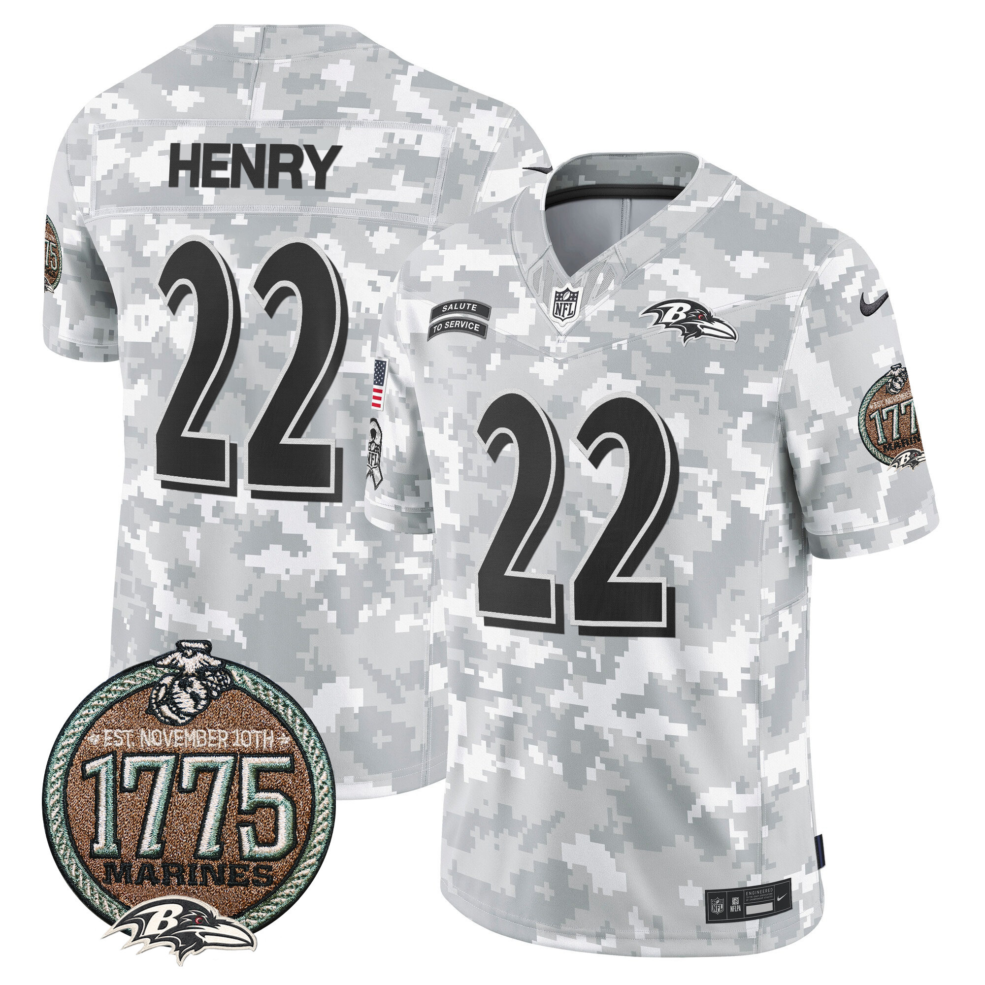 Derrick Henry Men's Baltimore Ravens 2024 Salute to Service Establishment Year Patch Vapor Limited Marines Jersey - All Stitched
