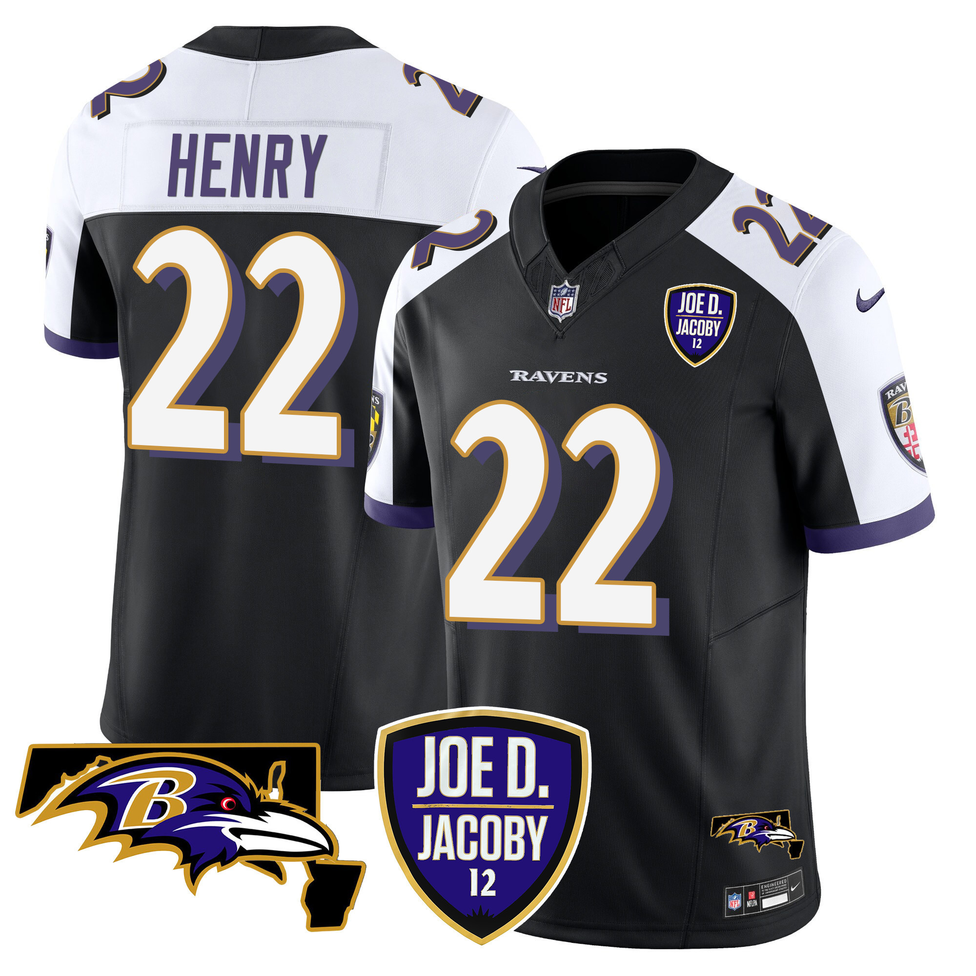 Derrick Henry Men's Baltimore Ravens Joe D & Jacoby Patch Vapor Limited Black Alternate Jersey - All Stitched