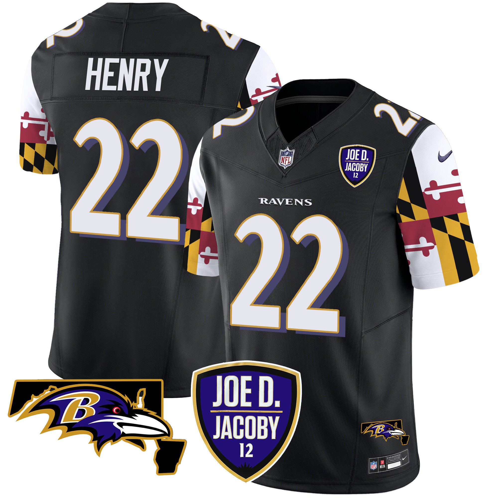 Derrick Henry Men's Baltimore Ravens Joe D & Jacoby Patch Vapor Limited Black Jersey - All Stitched