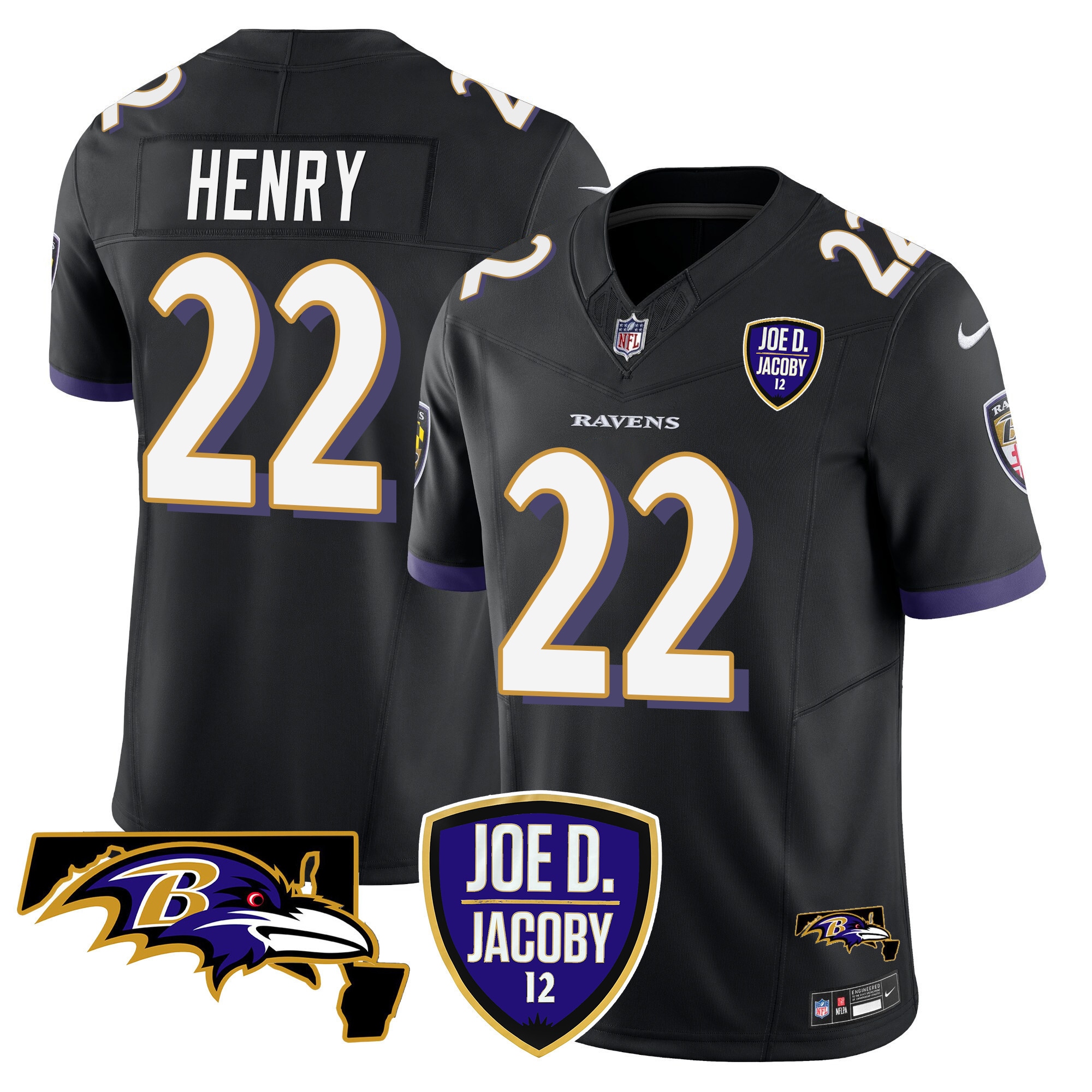 Derrick Henry Men's Baltimore Ravens Joe D & Jacoby Patch Vapor Limited Black Jersey - All Stitched