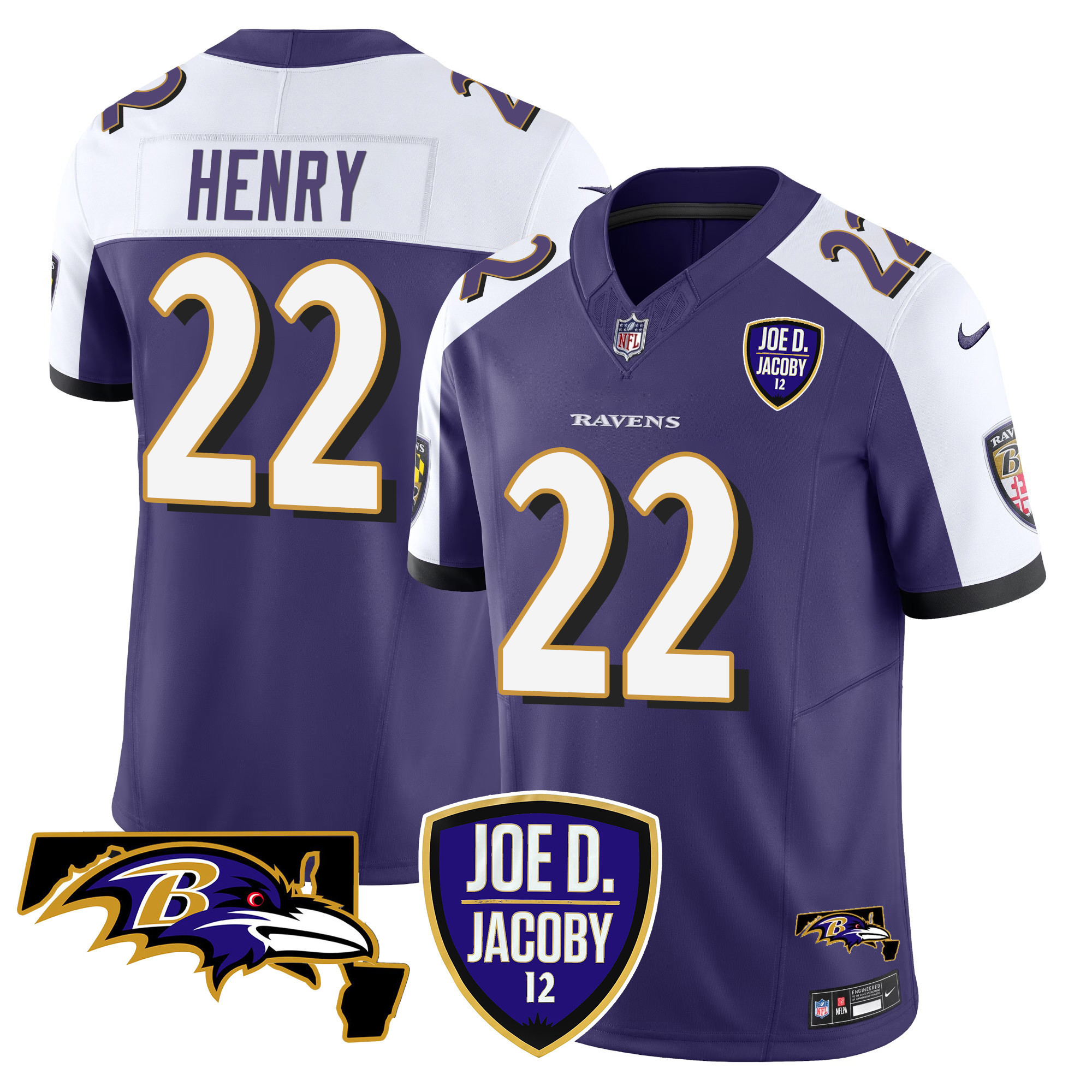 Derrick Henry Men's Baltimore Ravens Joe D & Jacoby Patch Vapor Limited Purple Alternate Jersey - All Stitched