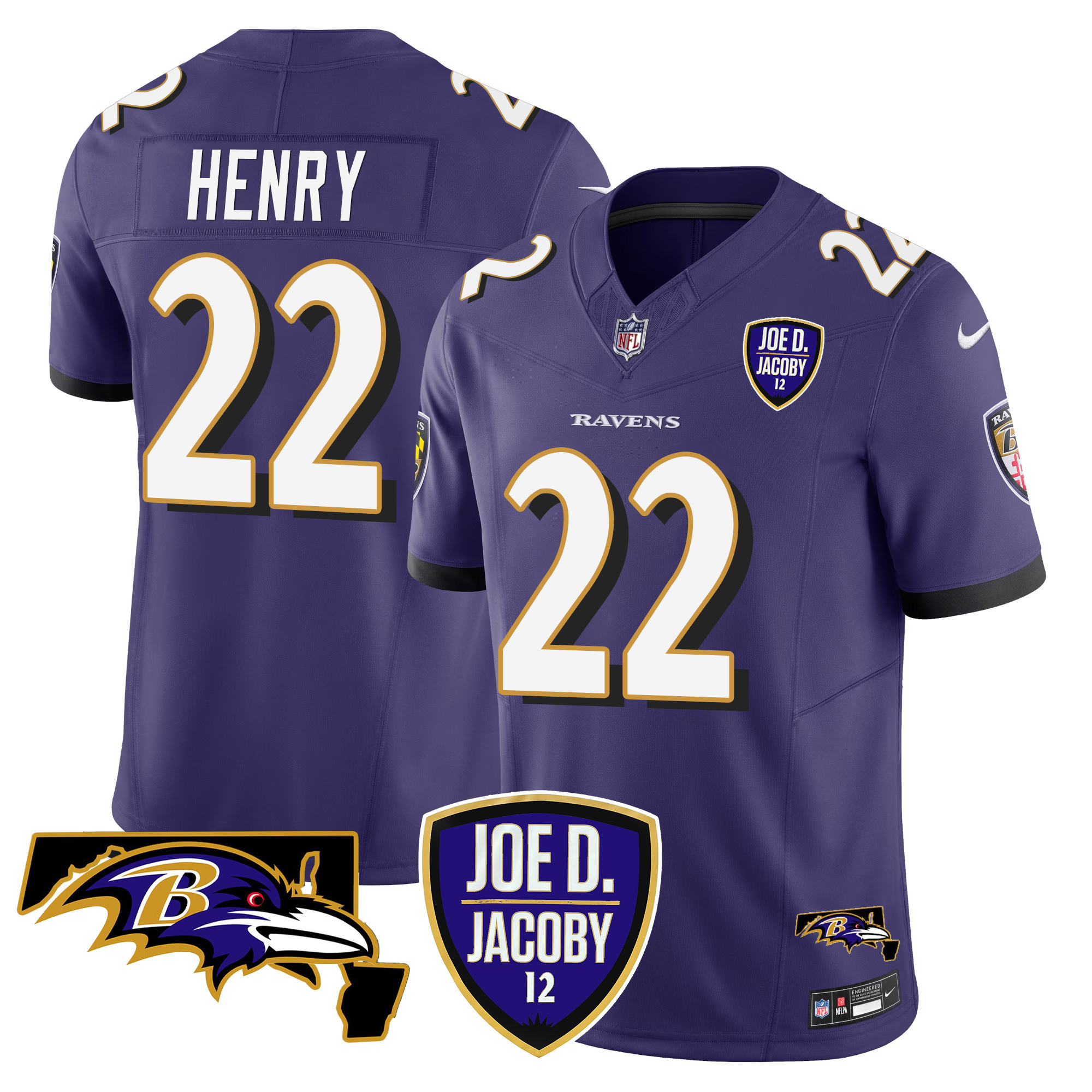 Derrick Henry Men's Baltimore Ravens Joe D & Jacoby Patch Vapor Limited Purple Jersey - All Stitched