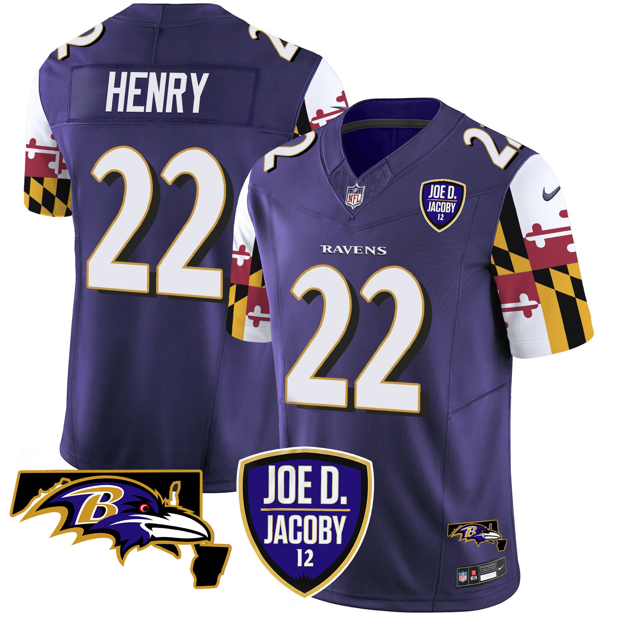 Derrick Henry Men's Baltimore Ravens Joe D & Jacoby Patch Vapor Limited Purple Jersey - All Stitched
