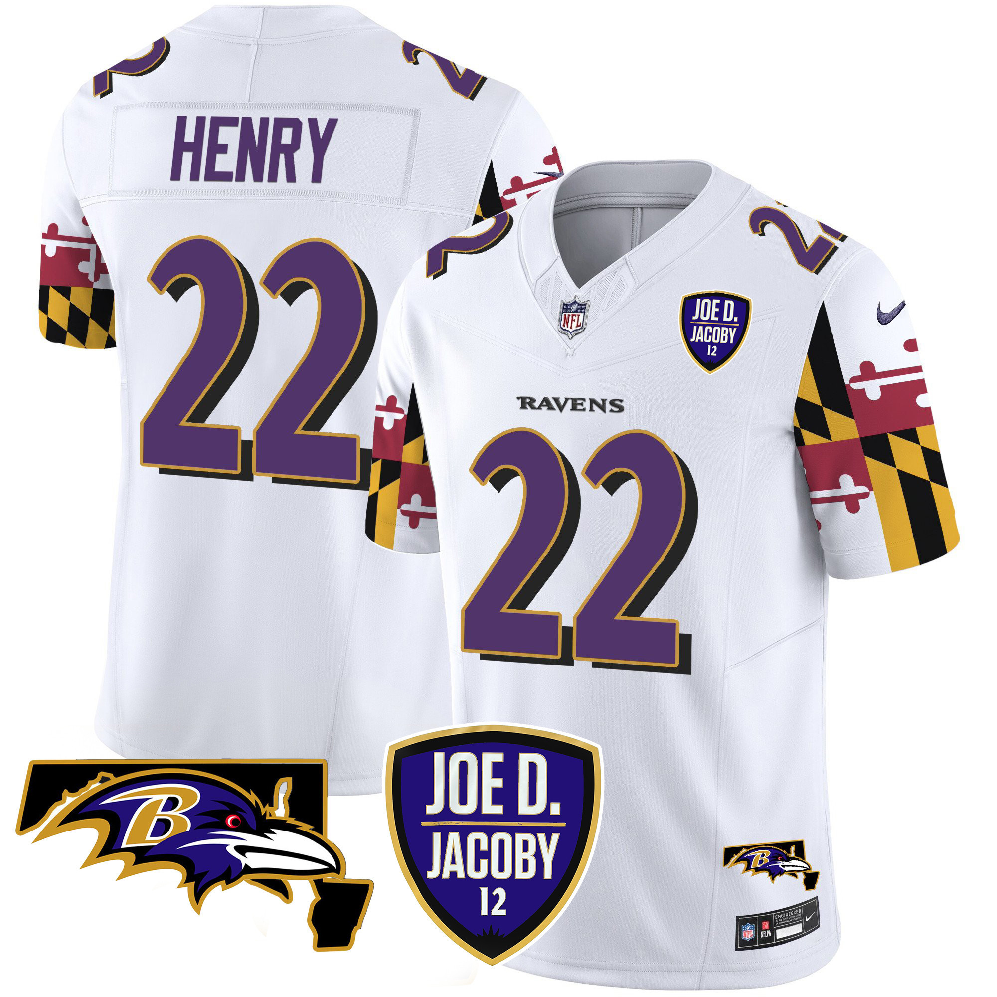 Derrick Henry Men's Baltimore Ravens Joe D & Jacoby Patch Vapor Limited White Jersey - All Stitched