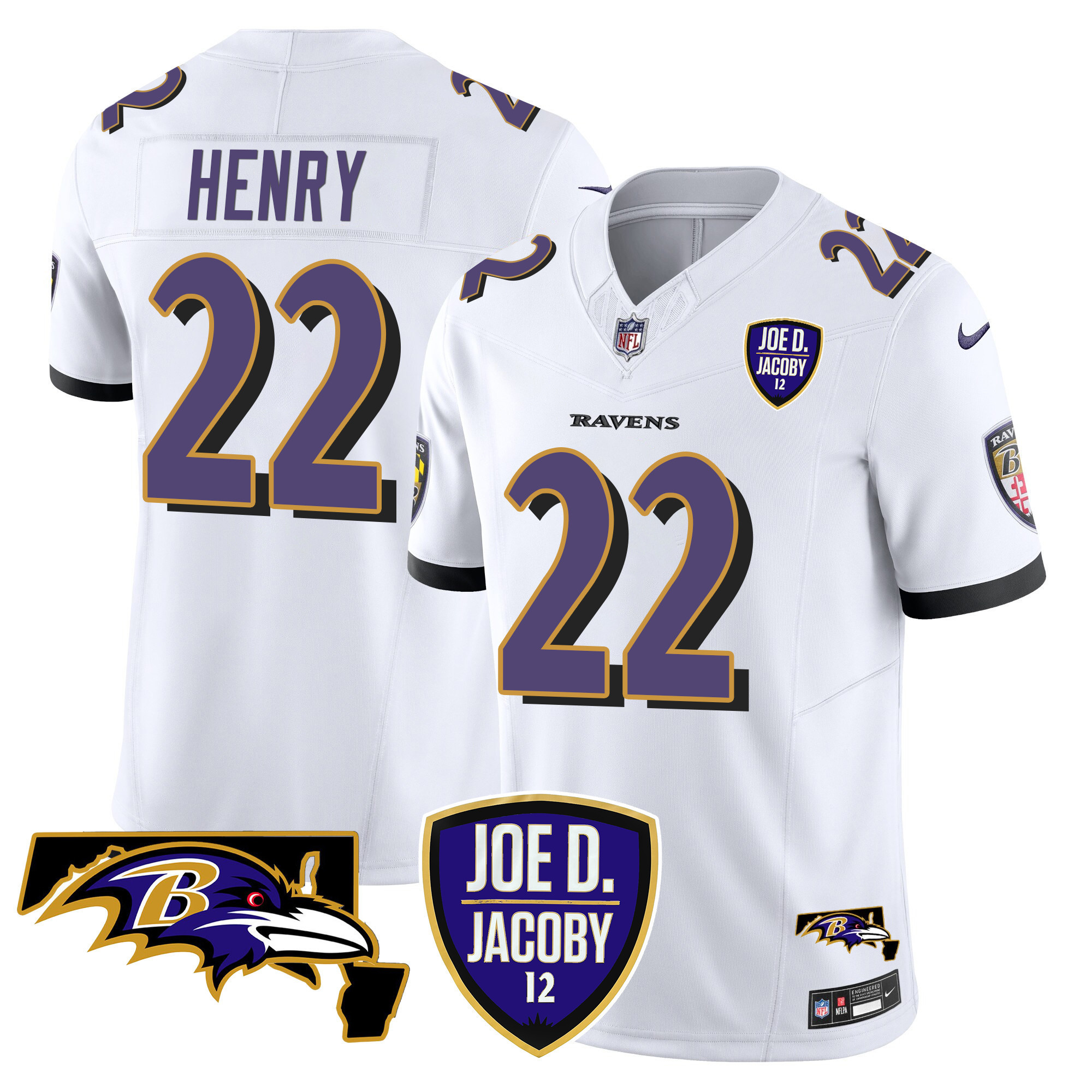 Derrick Henry Men's Baltimore Ravens Joe D & Jacoby Patch Vapor Limited White Jersey - All Stitched