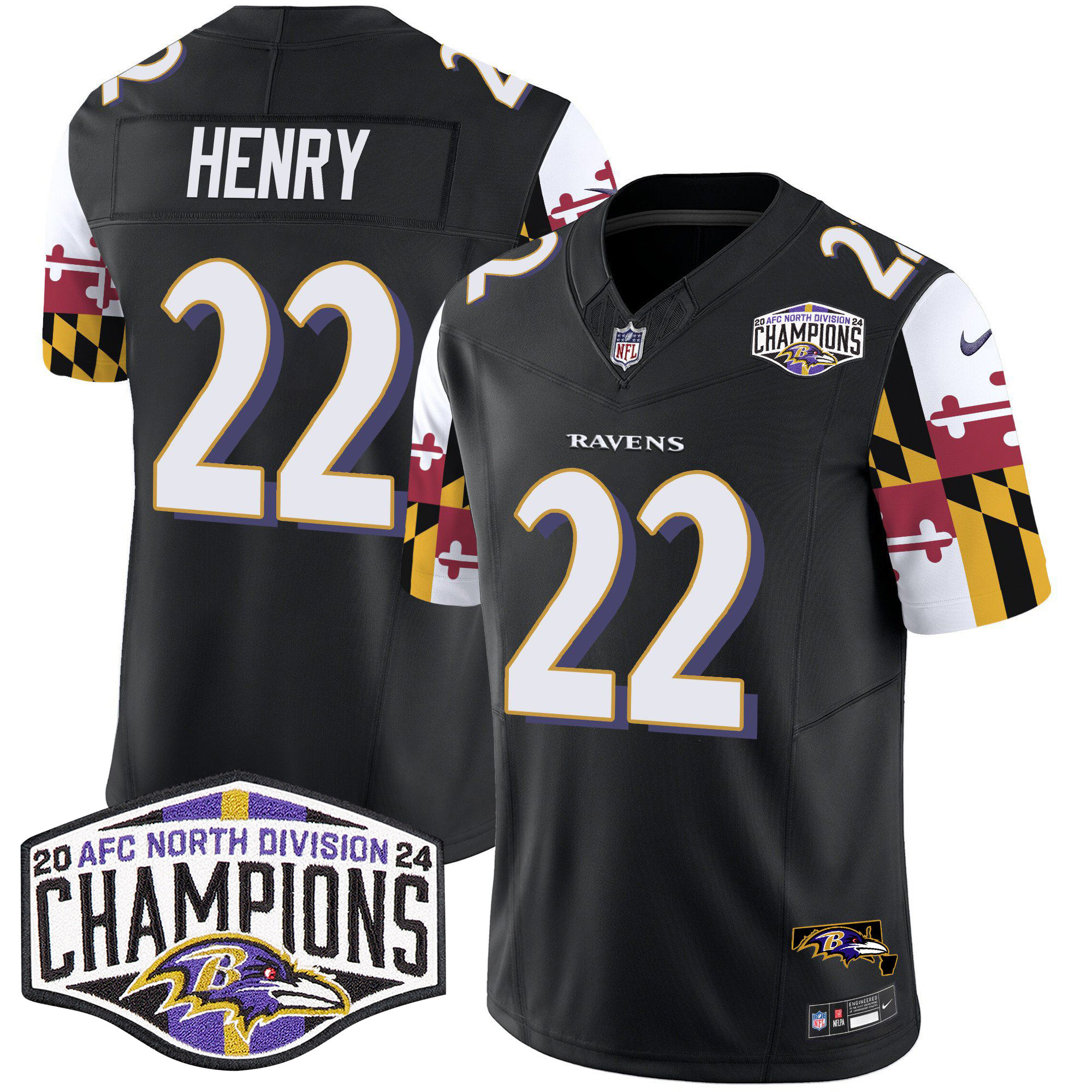 Derrick Henry Men's Baltimore Ravens Maryland Flag 2024 AFC North Division Champions Patch Vapor Limited Black Jersey - All Stitched