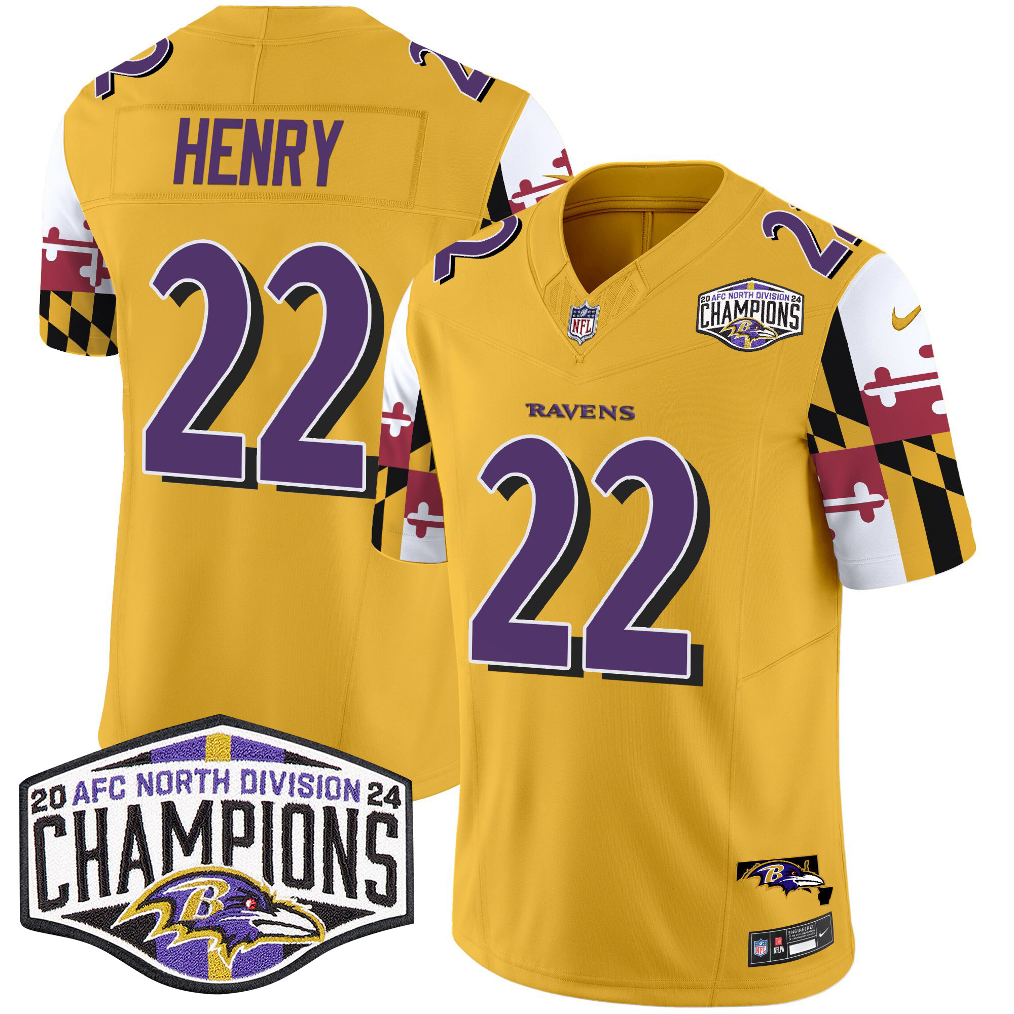Derrick Henry Men's Baltimore Ravens Maryland Flag 2024 AFC North Division Champions Patch Vapor Limited Gold Jersey - All Stitched