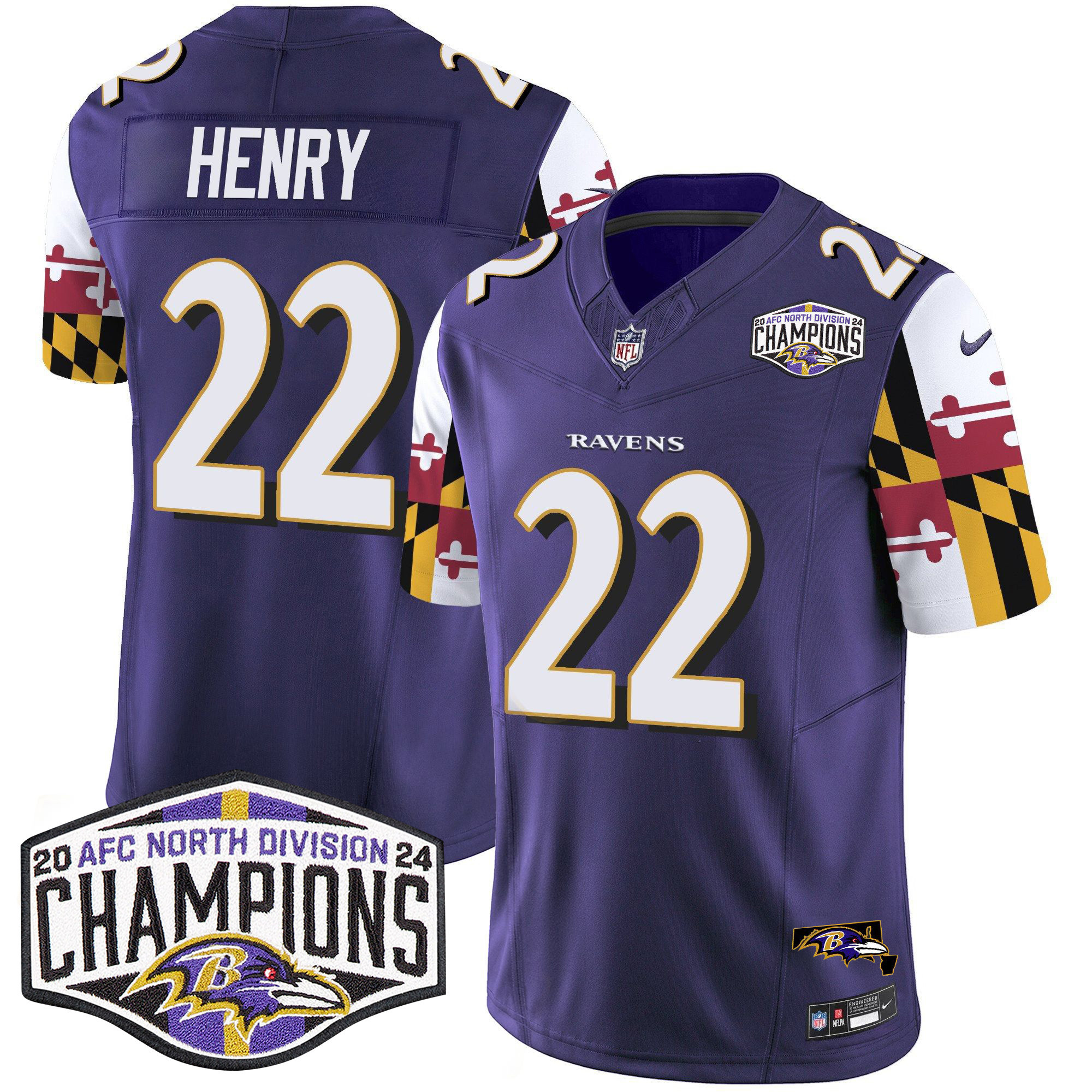 Derrick Henry Men's Baltimore Ravens Maryland Flag 2024 AFC North Division Champions Patch Vapor Limited Purple Jersey - All Stitched