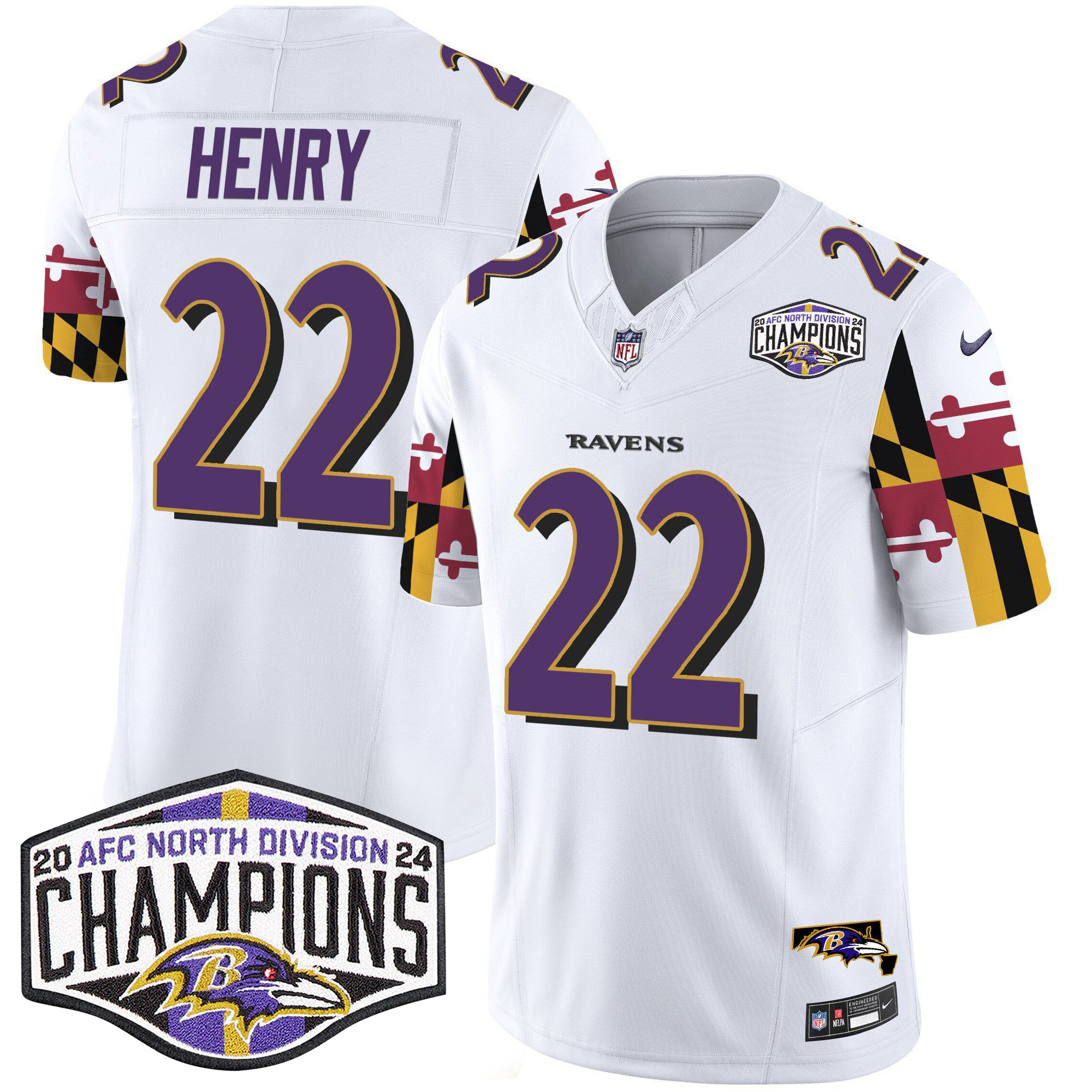 Derrick Henry Men's Baltimore Ravens Maryland Flag 2024 AFC North Division Champions Patch Vapor Limited White Jersey - All Stitched
