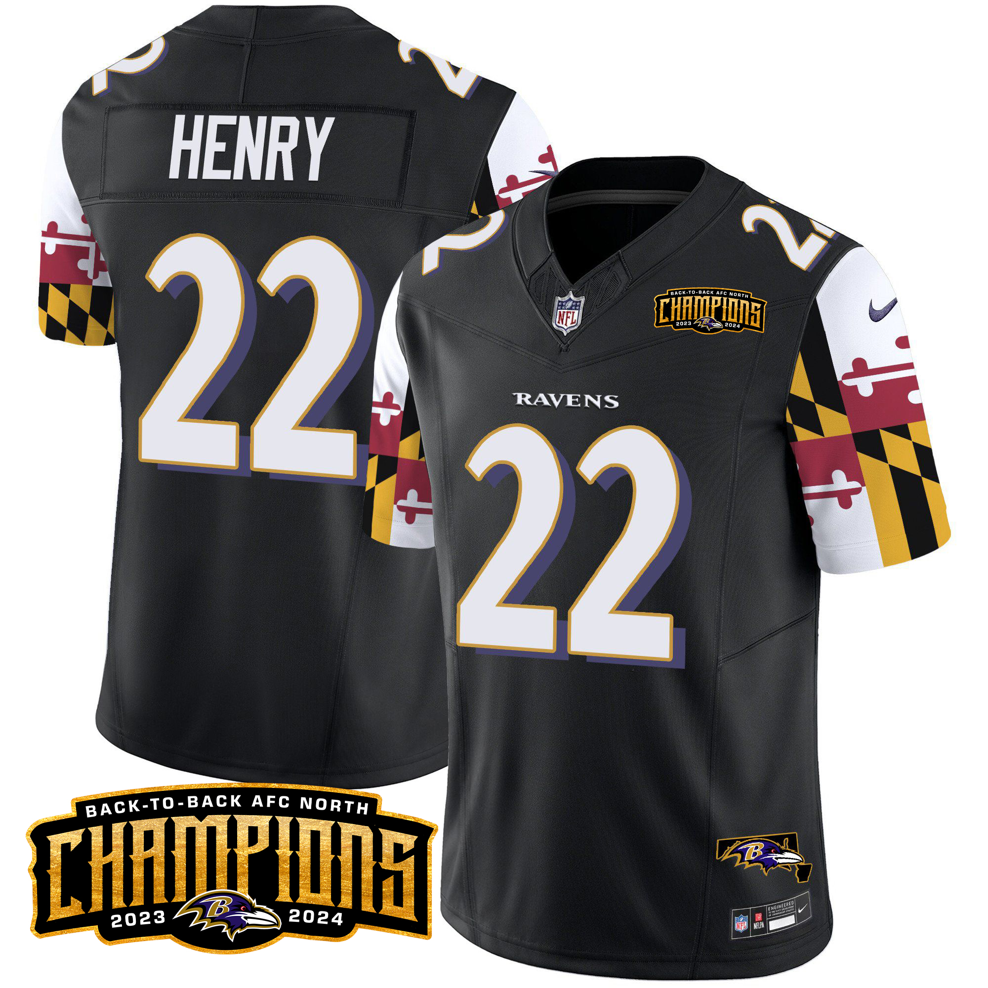 Derrick Henry Men's Baltimore Ravens Maryland Flag Back To Back AFC North Champions Patch Vapor Limited Black Jersey - All Stitched
