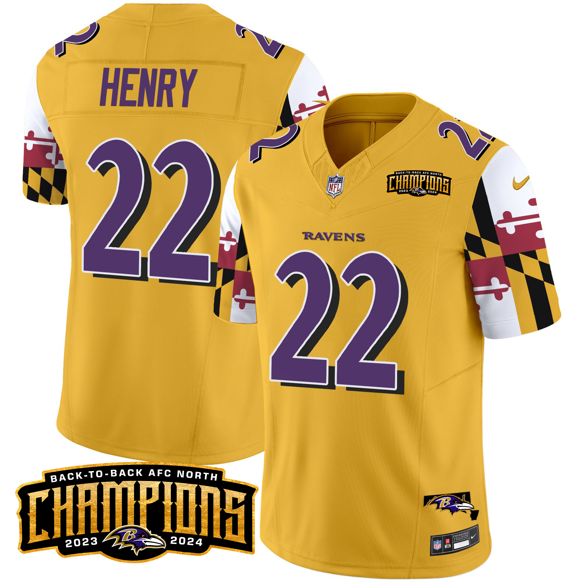 Derrick Henry Men's Baltimore Ravens Maryland Flag Back To Back AFC North Champions Patch Vapor Limited Gold Jersey - All Stitched