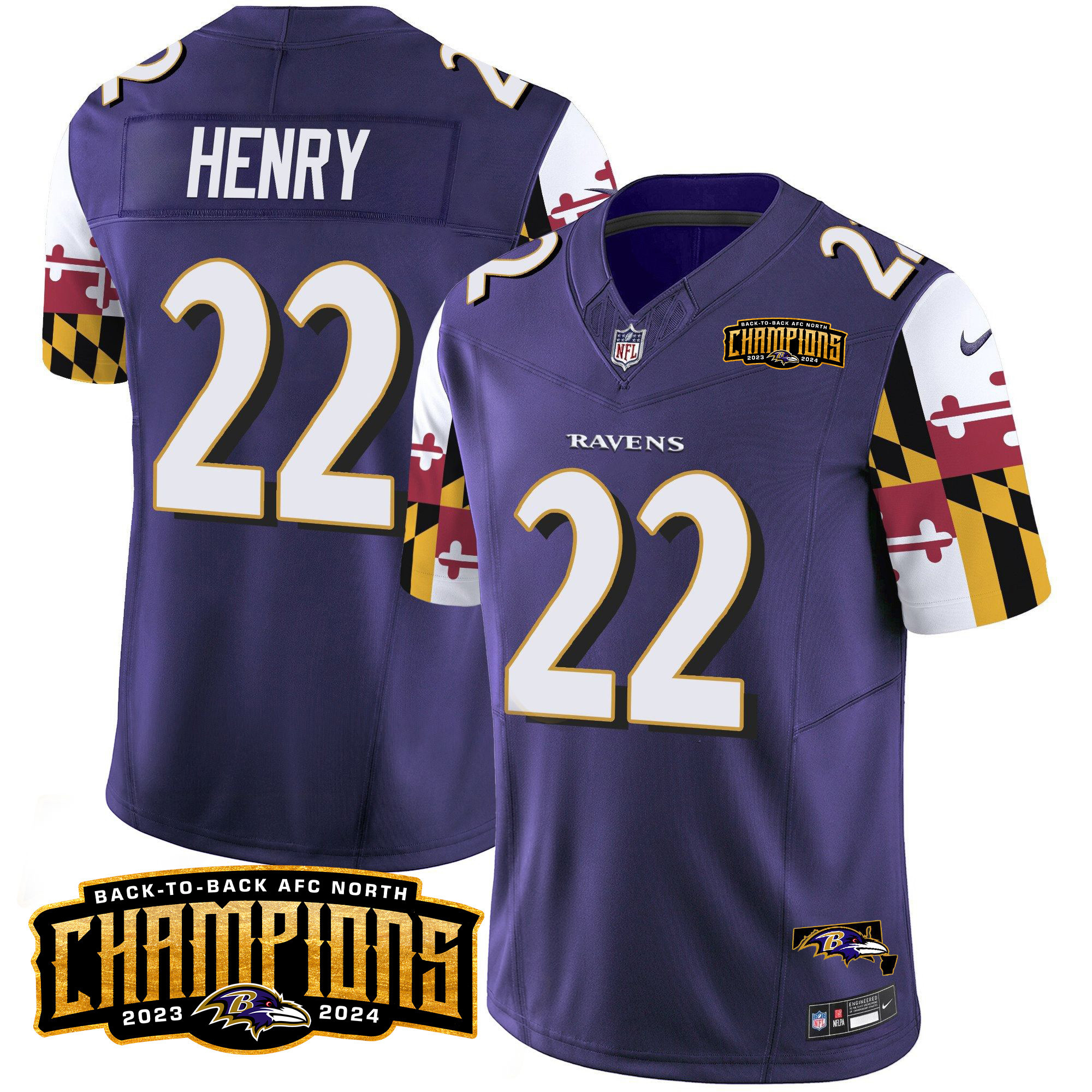 Derrick Henry Men's Baltimore Ravens Maryland Flag Back To Back AFC North Champions Patch Vapor Limited Purple Jersey - All Stitched