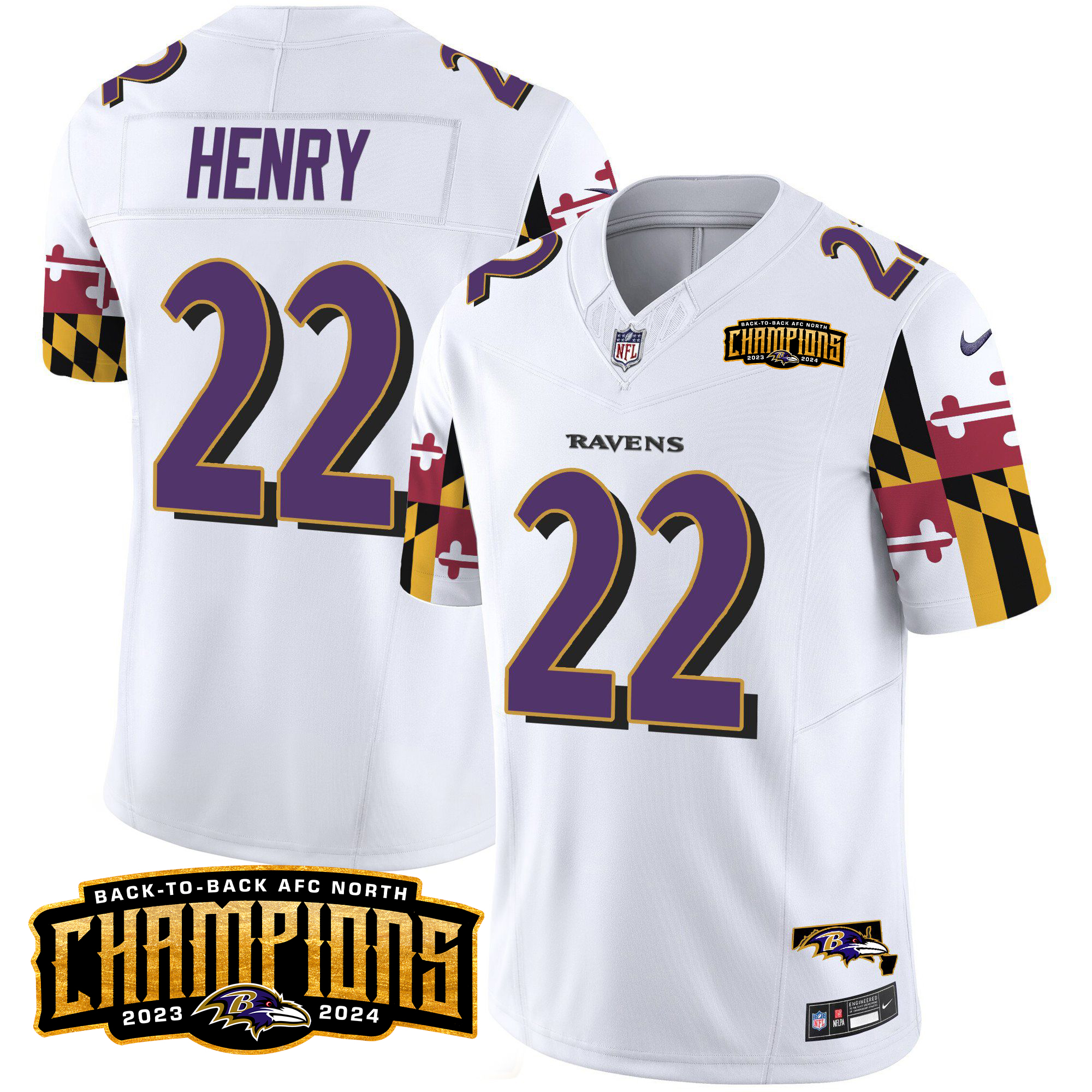Derrick Henry Men's Baltimore Ravens Maryland Flag Back To Back AFC North Champions Patch Vapor Limited White Jersey - All Stitched