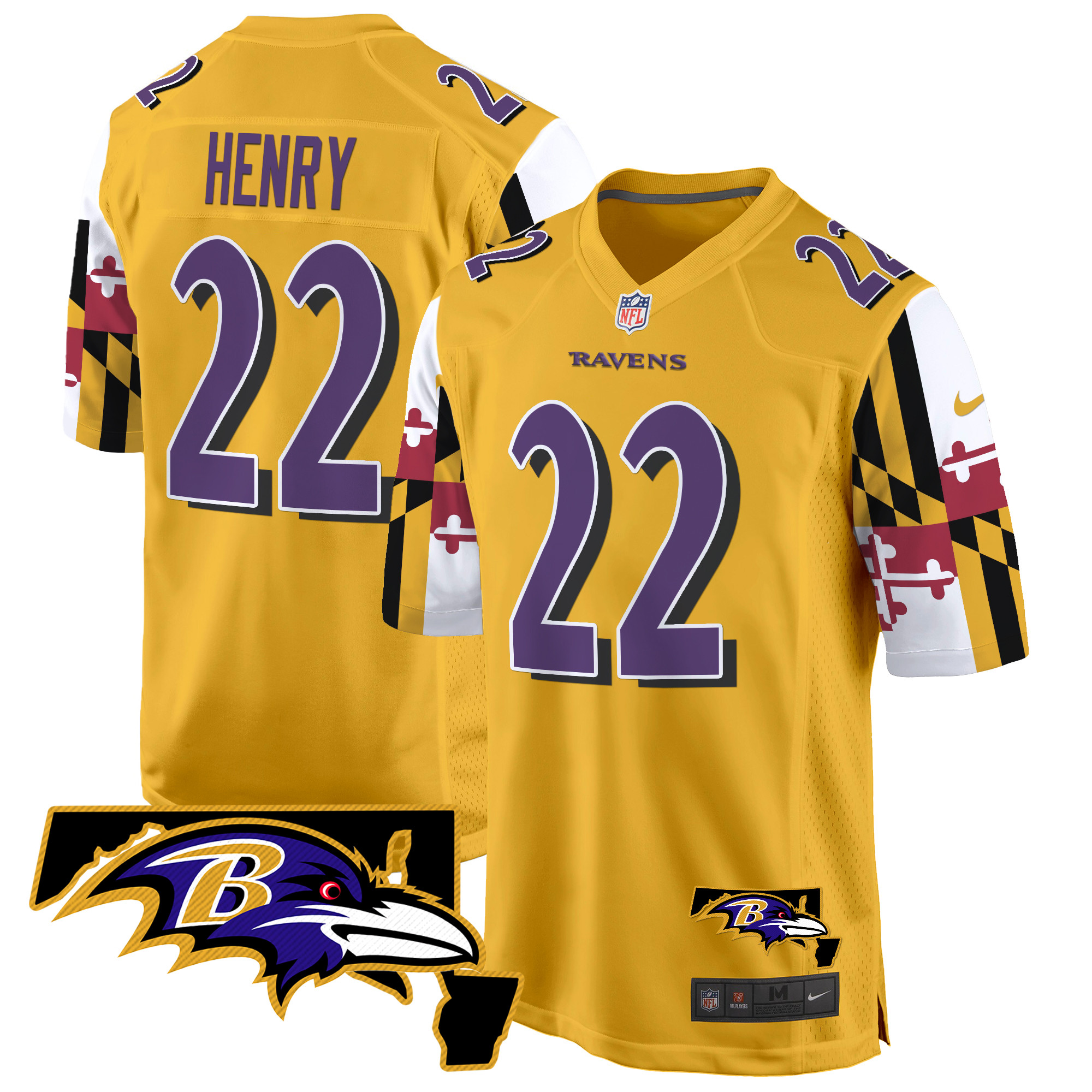 Derrick Henry Men's Baltimore Ravens Maryland Flag Game Gold Jersey - All Stitched