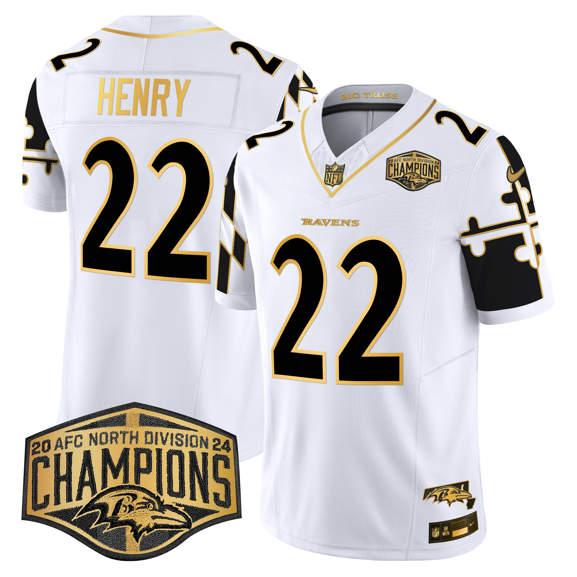 Derrick Henry Men's Baltimore Ravens Maryland Flag Map 2024 AFC North Division Champions Patch Gold Vapor Limited White Gold Jersey - All Stitched