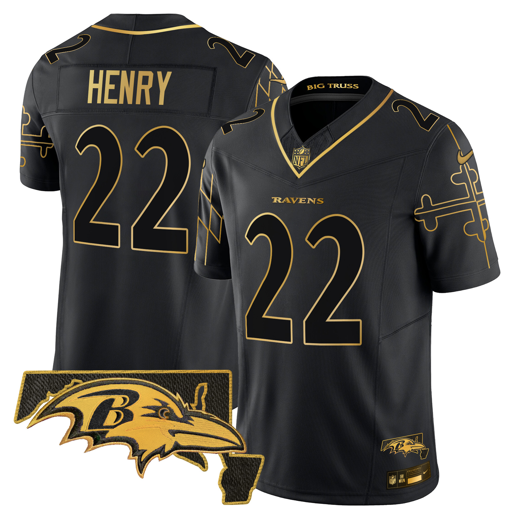 Derrick Henry Men's Baltimore Ravens Maryland Flag Map Patch Gold Vapor Limited Black Gold Jersey - All Stitched
