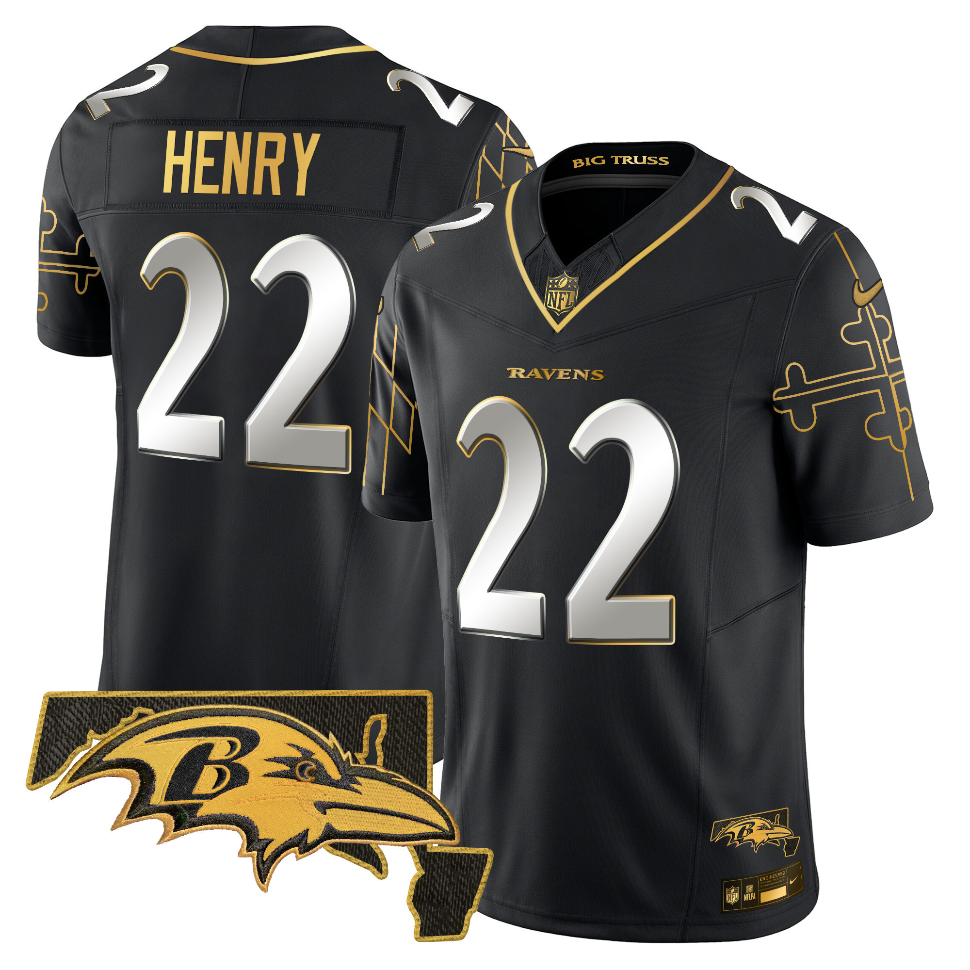 Derrick Henry Men's Baltimore Ravens Maryland Flag Map Patch Gold Vapor Limited Black Limited Jersey - All Stitched