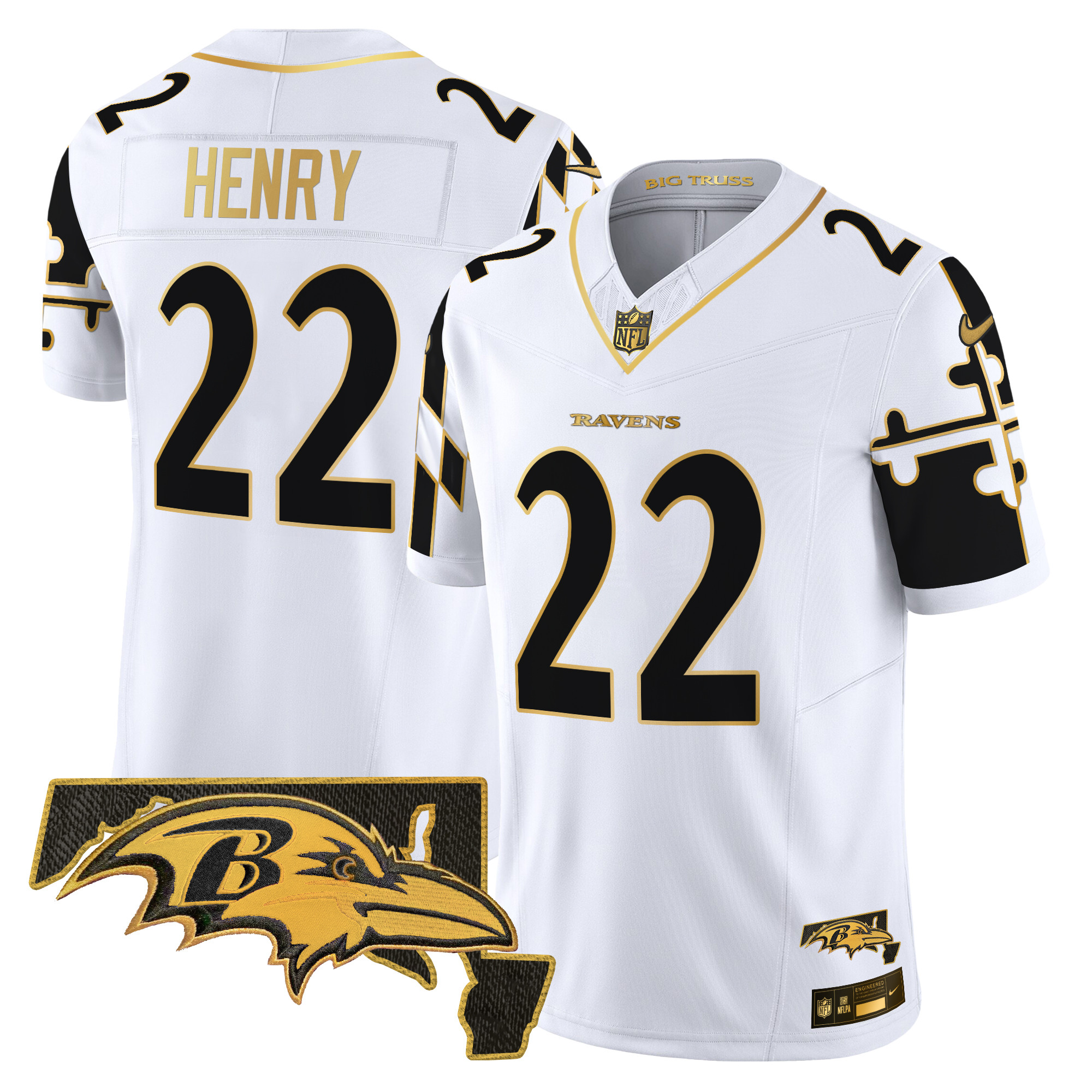 Derrick Henry Men's Baltimore Ravens Maryland Flag Map Patch Gold Vapor Limited White Gold Jersey - All Stitched