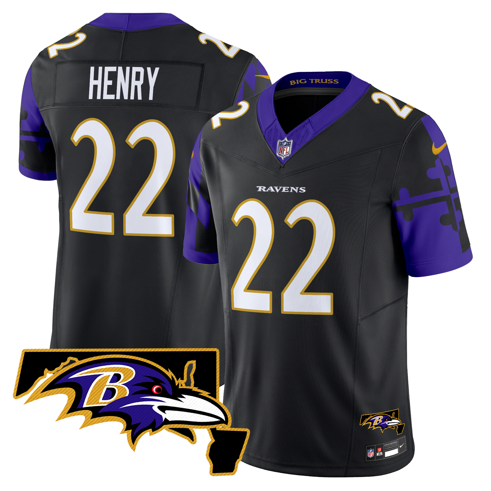 Derrick Henry Men's Baltimore Ravens Maryland Flag Map Patch Vapor Limited Black Jersey - All Stitched
