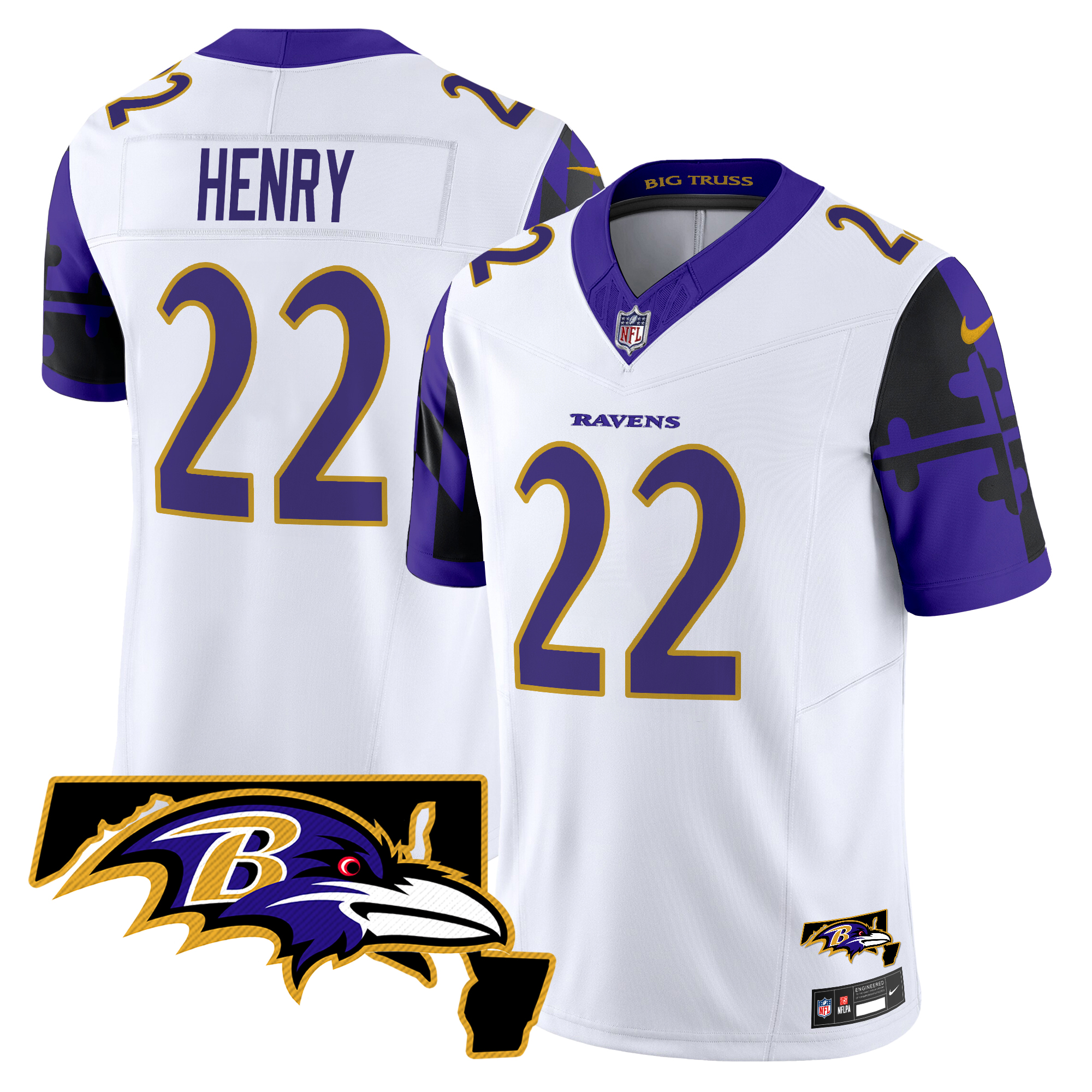 Derrick Henry Men's Baltimore Ravens Maryland Flag Map Patch Vapor Limited White Jersey - All Stitched