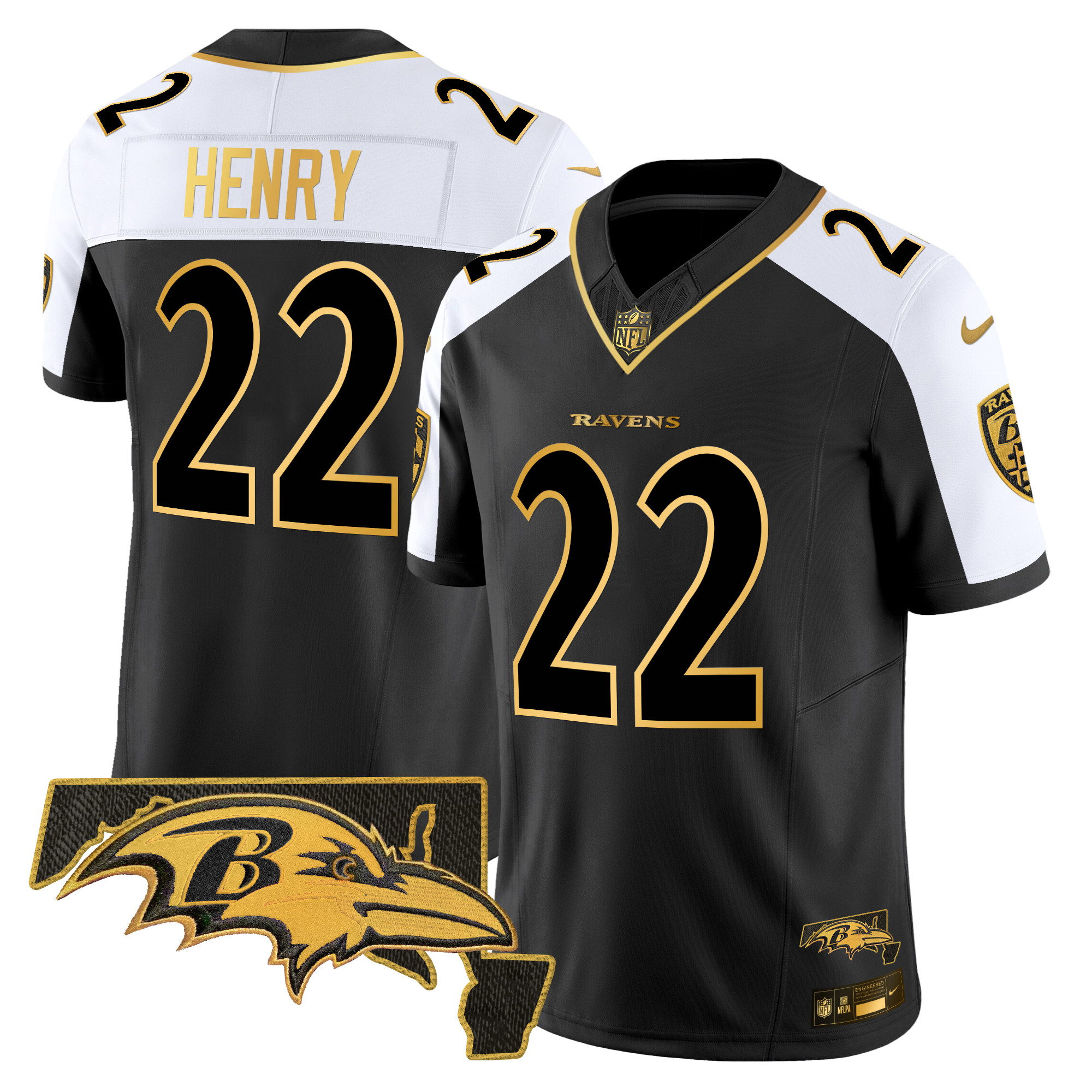 Derrick Henry Men's Baltimore Ravens Maryland Patch Gold Vapor Limited Alternate Jersey - All Stitched